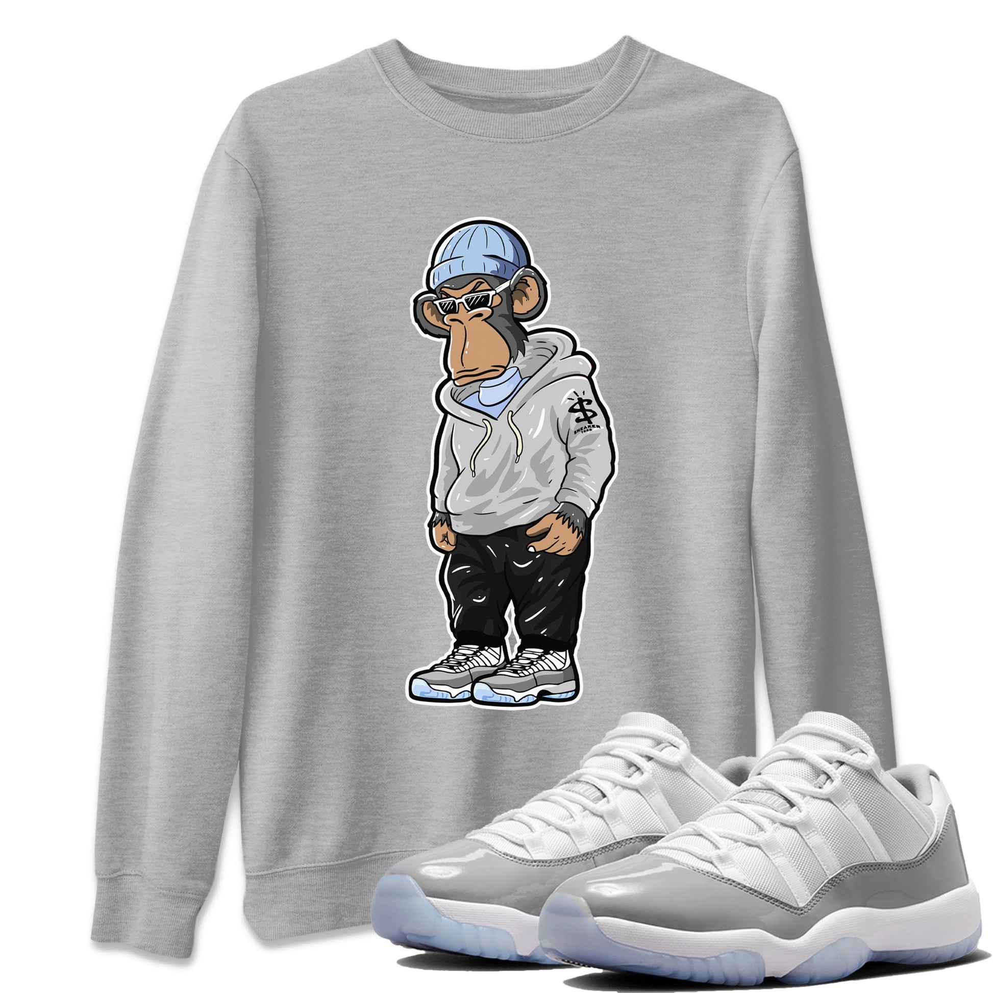 Air Jordan 11 White Cement Sneaker Match Tees Sneakerhead Monkey Sneaker Tees Jordan 11 Retro White Cement Sneaker Release Tees Unisex Shirts Heather Grey 1