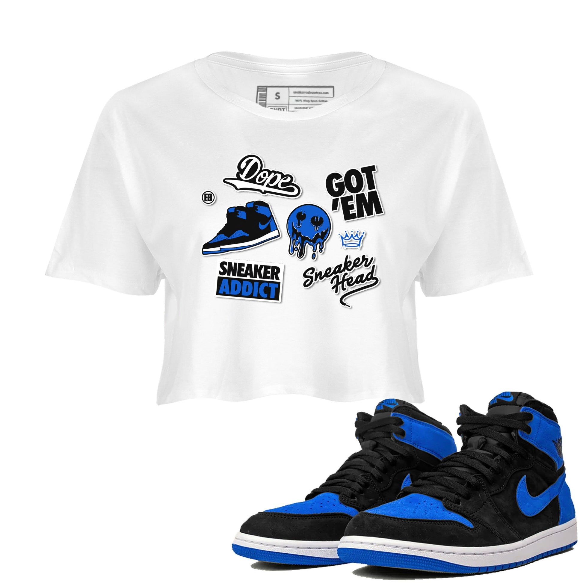 Jordan 1 Retro High OG Royal Reimagined shirt to match jordans Sneakerhead Sticker sneaker matching tees Air Jordan 1 Royal Reimagined SNRT Sneaker Tees White 1 Crop T-Shirt