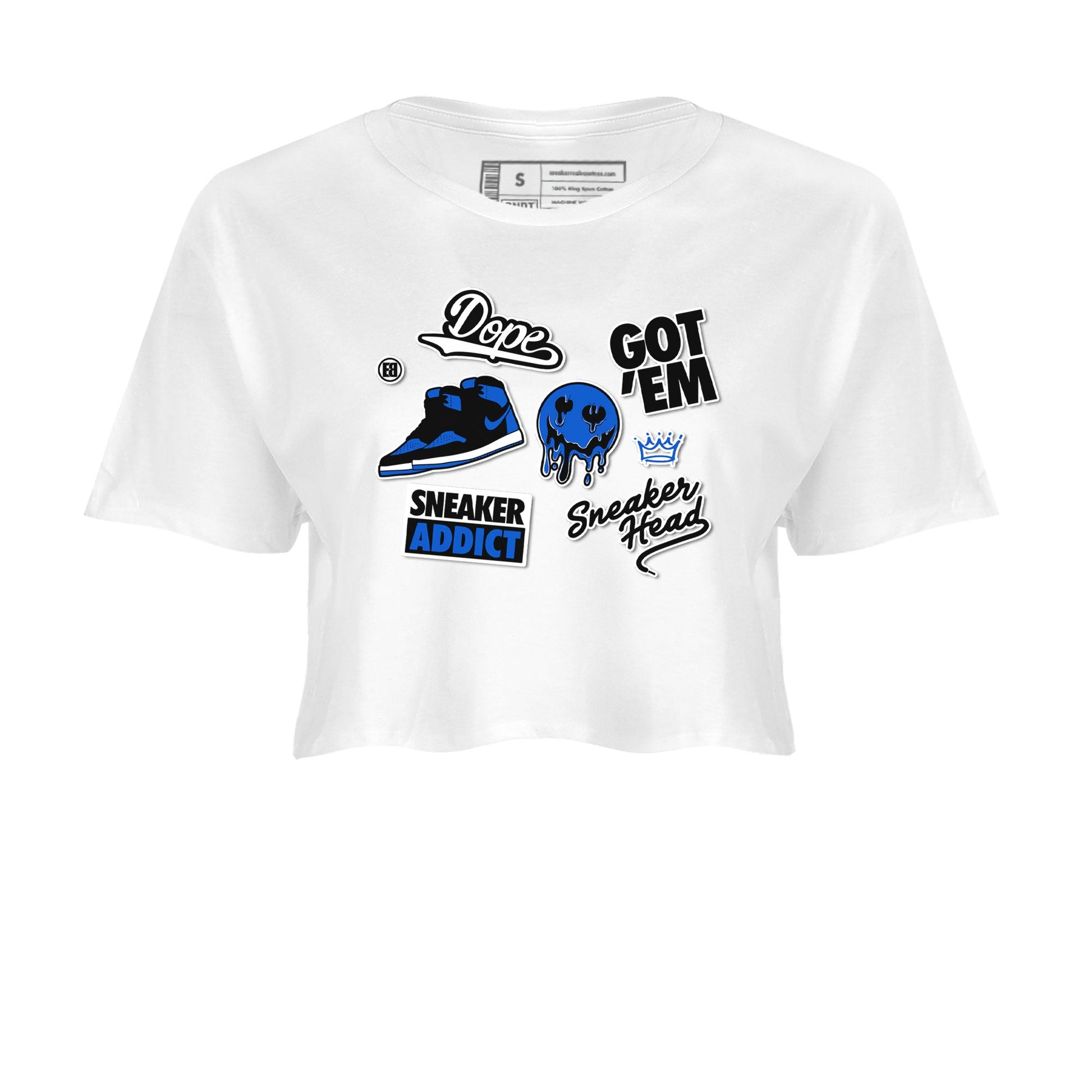 Jordan 1 Retro High OG Royal Reimagined shirt to match jordans Sneakerhead Sticker sneaker matching tees Air Jordan 1 Royal Reimagined SNRT Sneaker Tees White 2 Crop T-Shirt