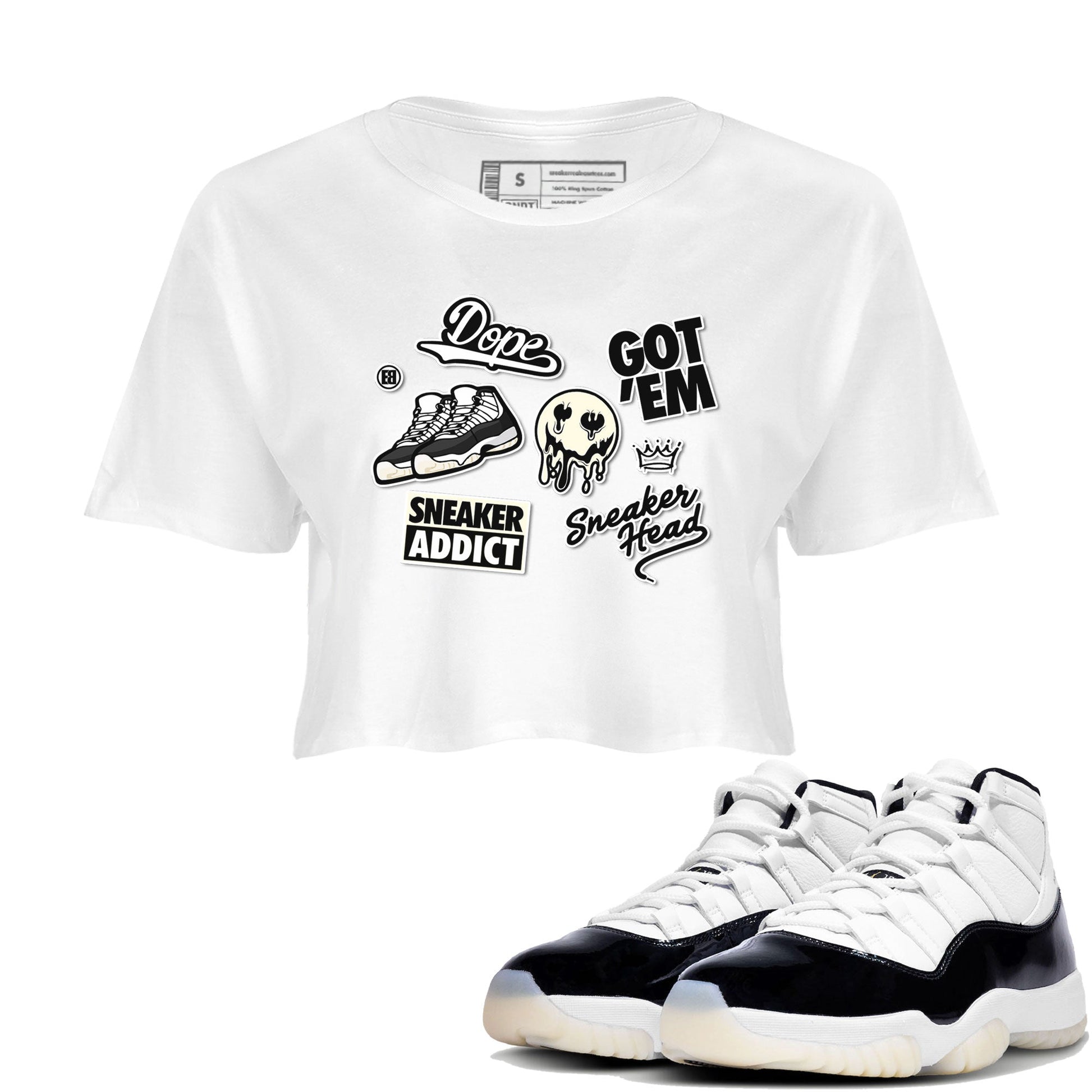 Jordan Rero 11 Gratitude shirt to match jordans Sneakerhead Sticker sneaker matching tees Air Jordan 11 Gratitude SNRT Sneaker Tees White 1 Crop T-Shirt