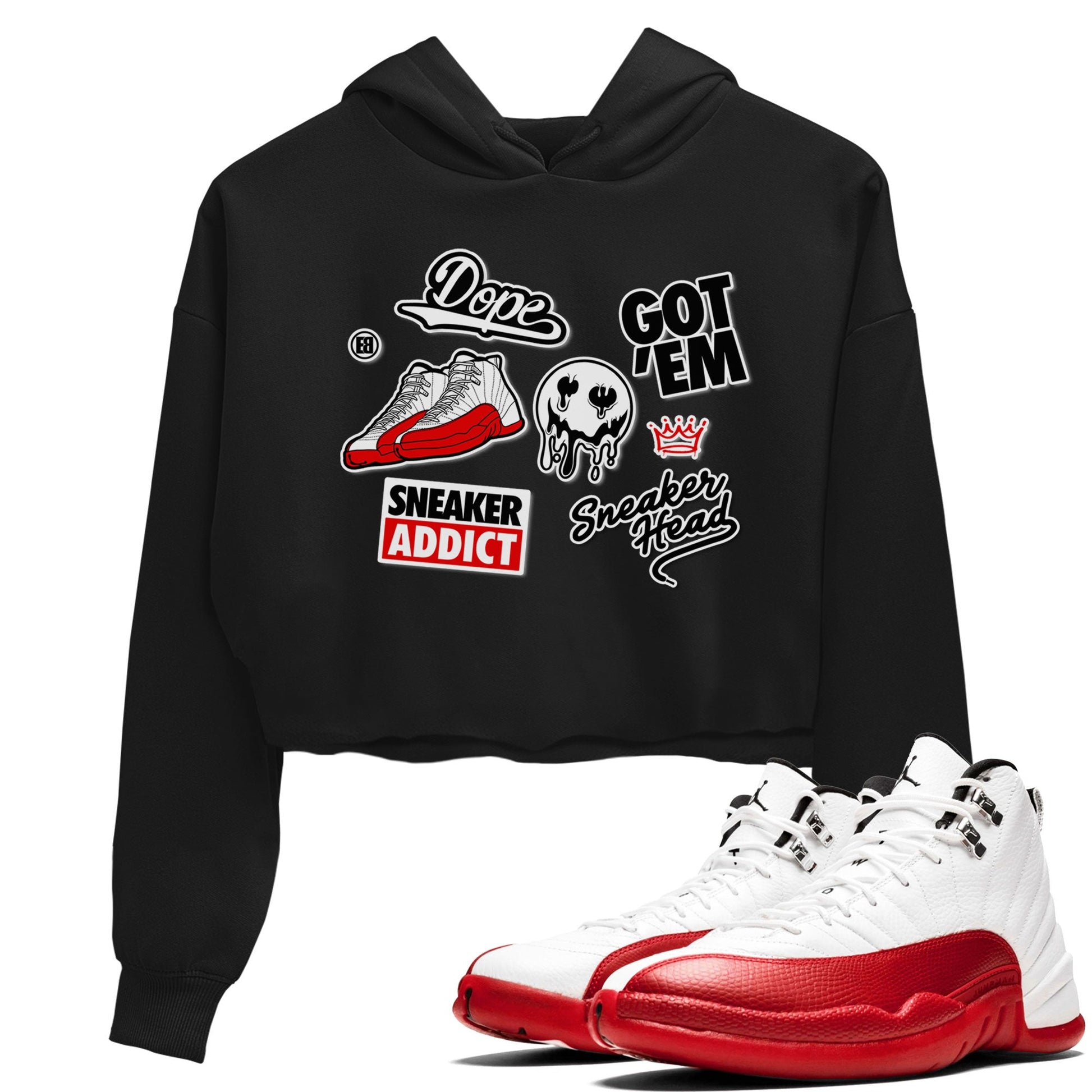 Air Jordan 12 Cherry shirt to match jordans Sneakerhead Sticker sneaker matching tees 12s Cherry SNRT Sneaker Tees Black 1 Crop T-Shirt