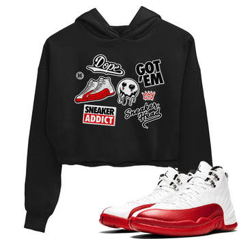 Air Jordan 12 Cherry shirt to match jordans Sneakerhead Sticker sneaker matching tees 12s Cherry SNRT Sneaker Tees Black 1 Crop T-Shirt