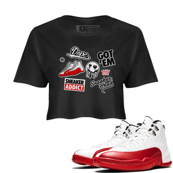 Air Jordan 12 Cherry shirt to match jordans Sneakerhead Sticker sneaker matching tees 12s Cherry SNRT Sneaker Tees Black 1 Crop T-Shirt