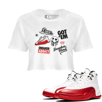 Air Jordan 12 Cherry shirt to match jordans Sneakerhead Sticker sneaker matching tees 12s Cherry SNRT Sneaker Tees White 1 Crop T-Shirt