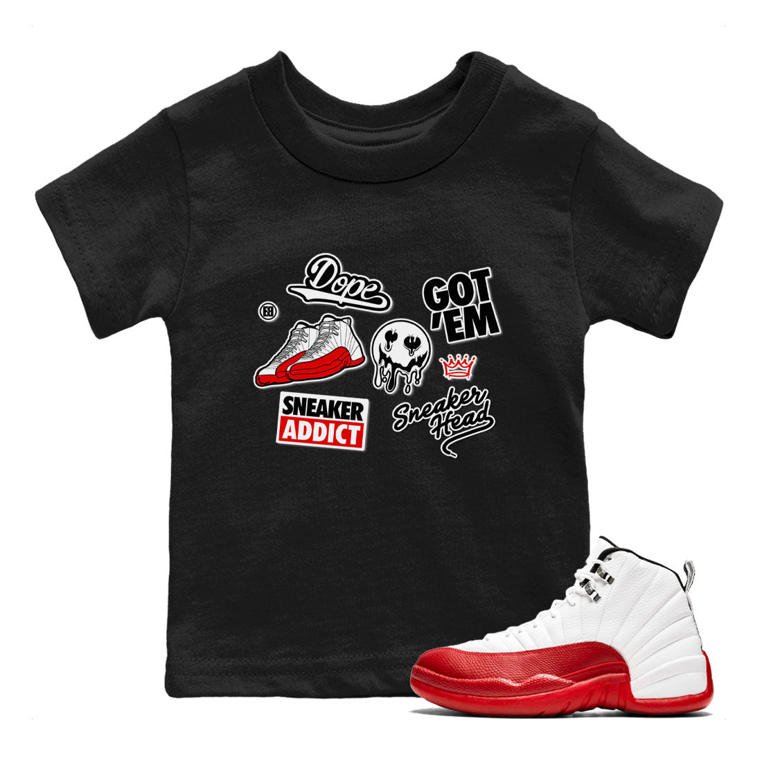 Air Jordan 12 Cherry shirt to match jordans Sneakerhead Sticker sneaker matching tees 12s Cherry SNRT Sneaker Tees Baby Toddler Black 1 T-Shirt