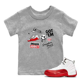 Air Jordan 12 Cherry shirt to match jordans Sneakerhead Sticker sneaker matching tees 12s Cherry SNRT Sneaker Tees Baby Toddler Heather Grey 1 T-Shirt