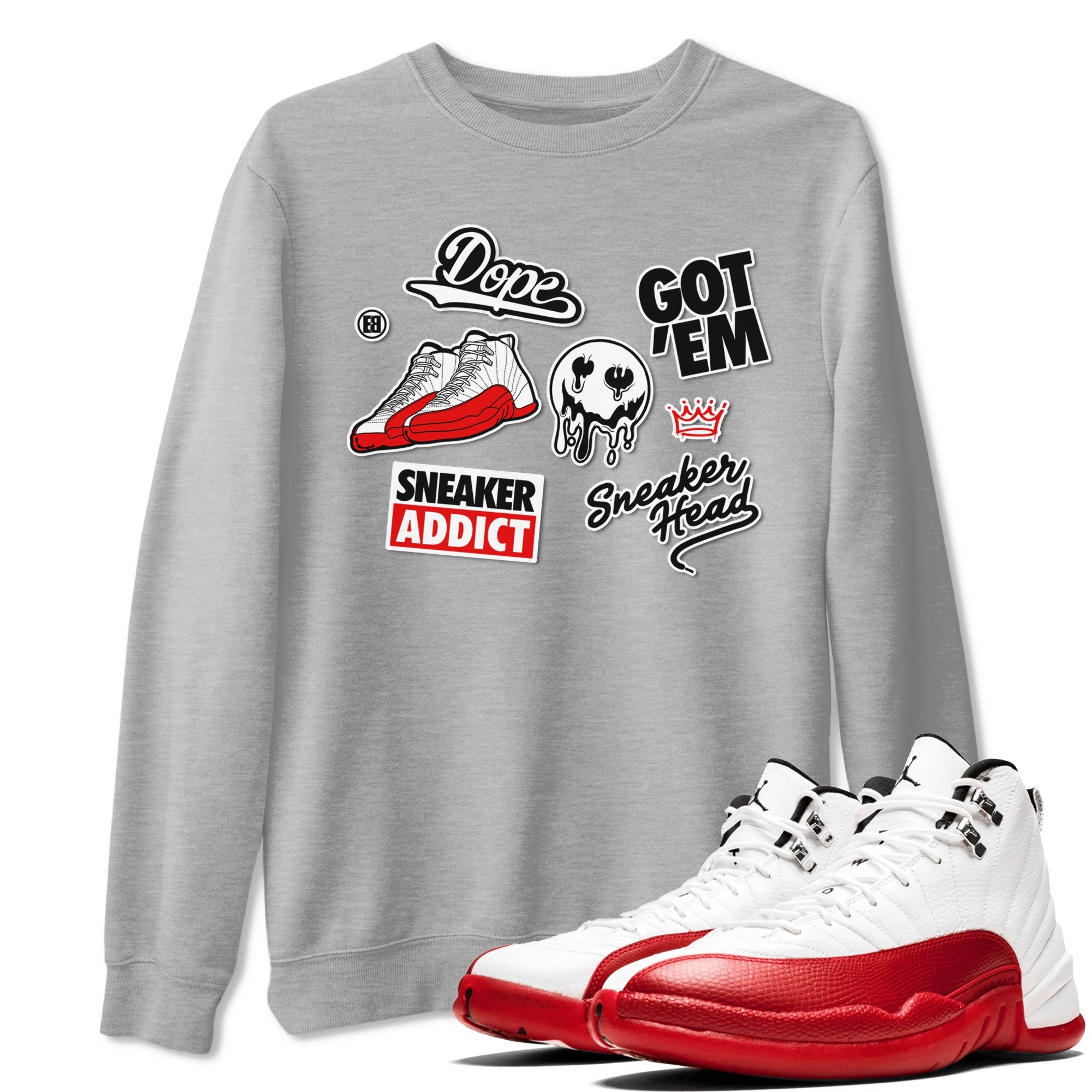 Air Jordan 12 Cherry shirt to match jordans Sneakerhead Sticker sneaker matching tees 12s Cherry SNRT Sneaker Tees Unisex Heather Grey 1 T-Shirt