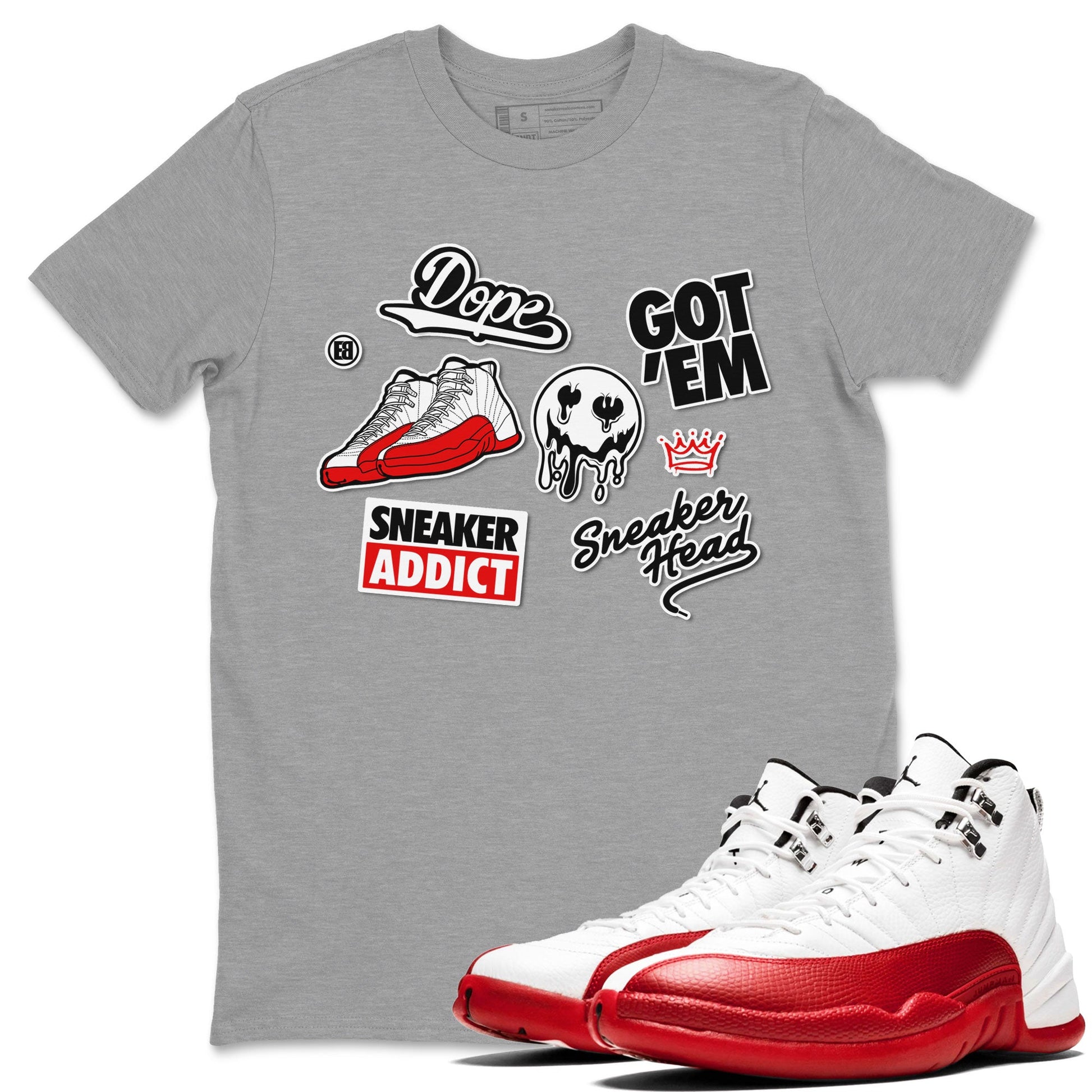 Air Jordan 12 Cherry shirt to match jordans Sneakerhead Sticker sneaker matching tees 12s Cherry SNRT Sneaker Tees Unisex Heather Grey 1 T-Shirt
