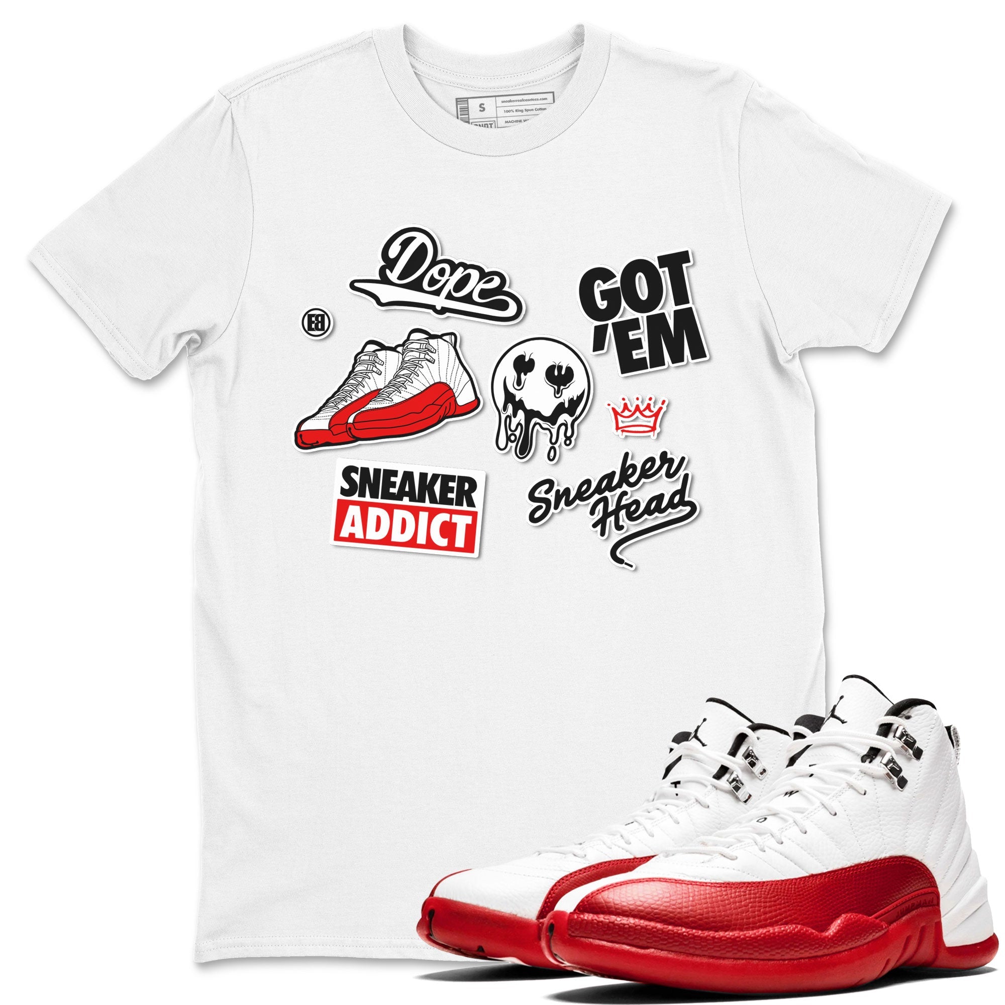 Air Jordan 12 Cherry shirt to match jordans Sneakerhead Sticker sneaker matching tees 12s Cherry SNRT Sneaker Tees Unisex White 1 T-Shirt