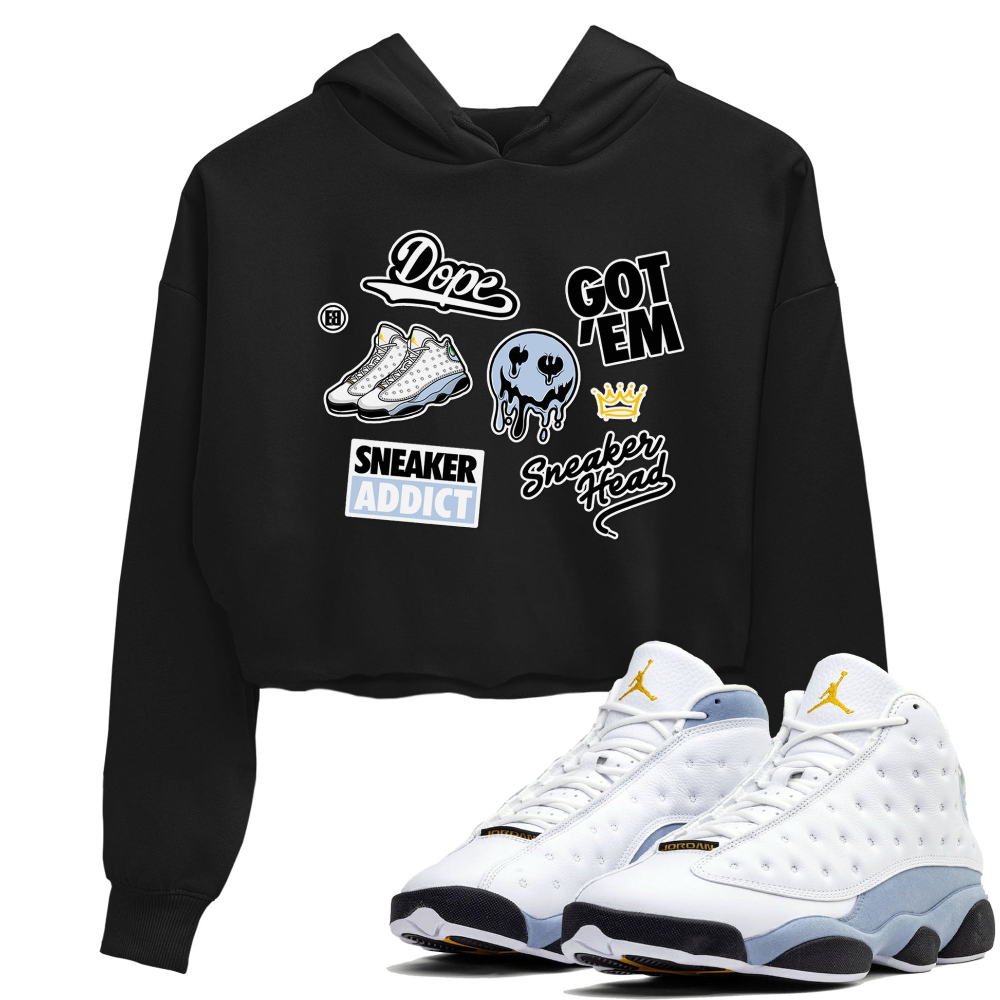13s Blue Grey shirt to match jordans Sneakerhead Sticker sneaker tees Air Jordan 13 Retro Blue Grey SNRT Sneaker Release Tees Black 1 crop length shirt