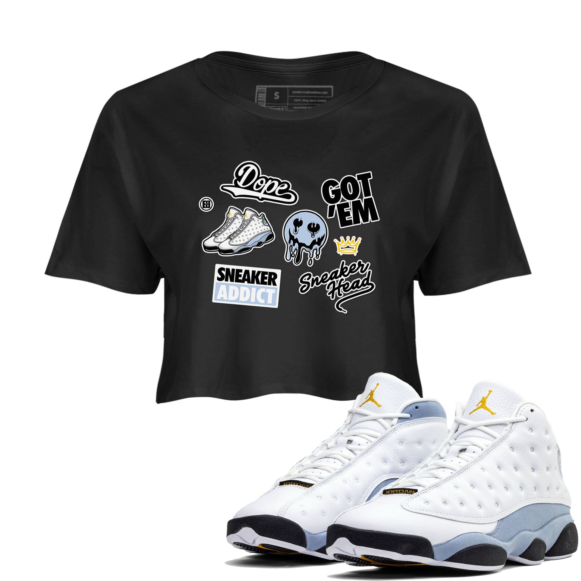 13s Blue Grey shirt to match jordans Sneakerhead Sticker sneaker tees Air Jordan 13 Retro Blue Grey SNRT Sneaker Release Tees Black 1 crop length shirt