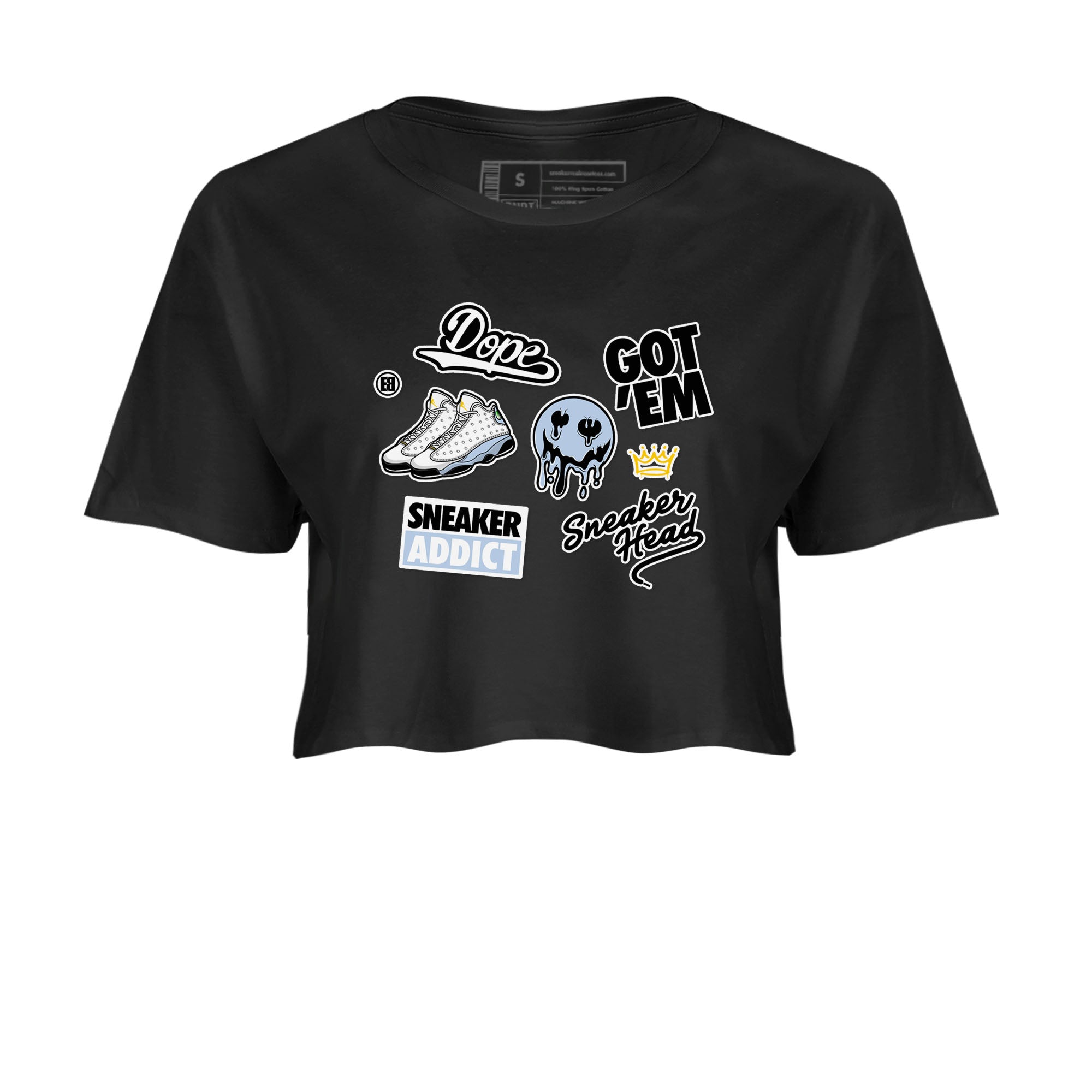 13s Blue Grey shirt to match jordans Sneakerhead Sticker sneaker tees Air Jordan 13 Retro Blue Grey SNRT Sneaker Release Tees Black 2 crop length shirt