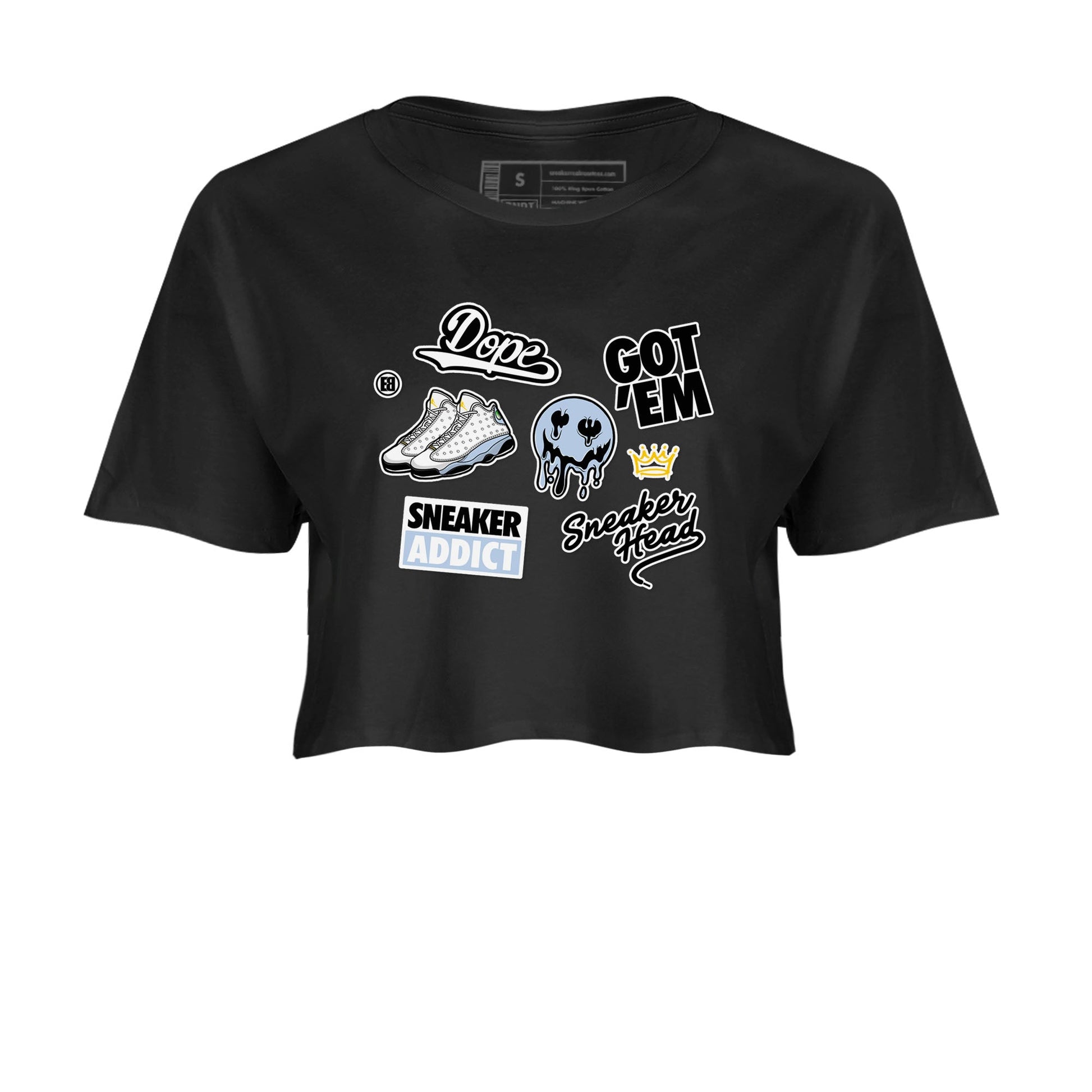 13s Blue Grey shirt to match jordans Sneakerhead Sticker sneaker tees Air Jordan 13 Retro Blue Grey SNRT Sneaker Release Tees Black 2 crop length shirt