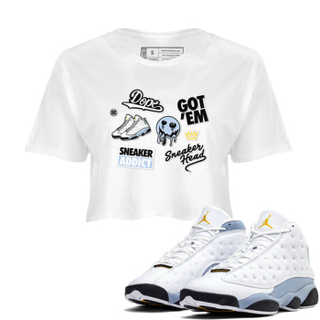 13s Blue Grey shirt to match jordans Sneakerhead Sticker sneaker tees Air Jordan 13 Retro Blue Grey SNRT Sneaker Release Tees White 1 crop length shirt