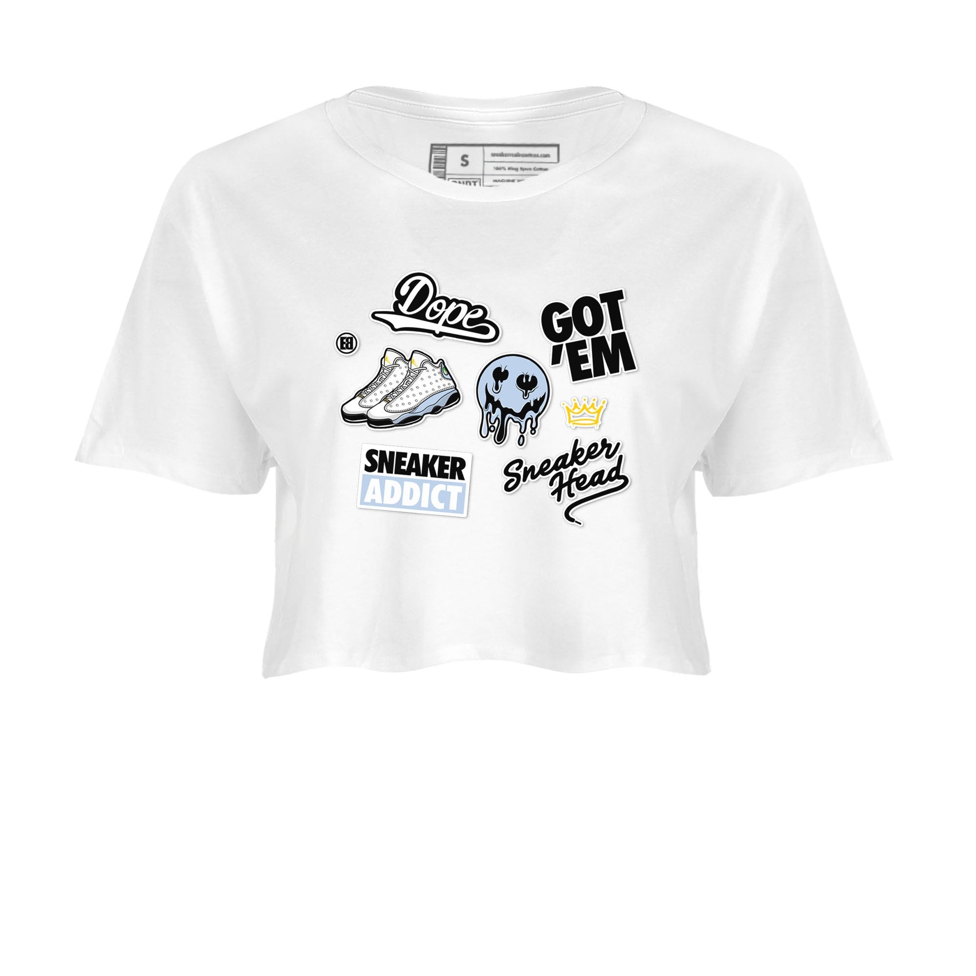 13s Blue Grey shirt to match jordans Sneakerhead Sticker sneaker tees Air Jordan 13 Retro Blue Grey SNRT Sneaker Release Tees White 2 crop length shirt