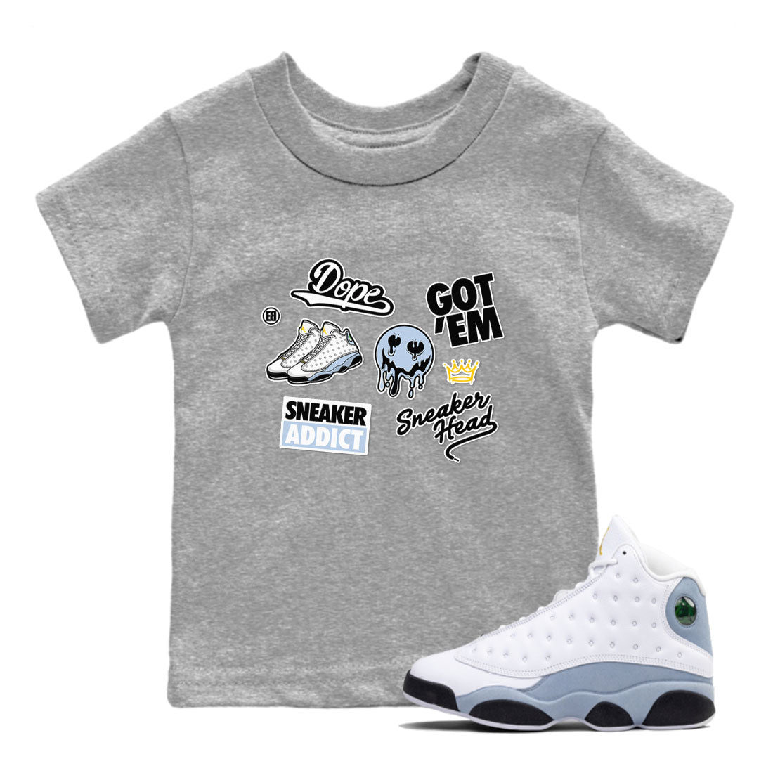 13s Blue Grey shirt to match jordans Sneakerhead Sticker sneaker tees Air Jordan 13 Retro Blue Grey SNRT sneaker release tees baby toddler Heather Grey 1 cotton Shirt
