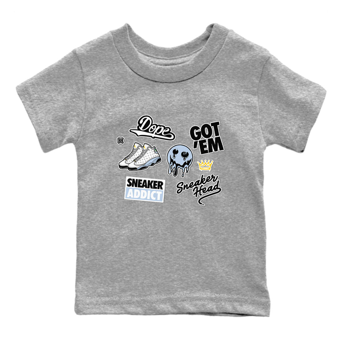 13s Blue Grey shirt to match jordans Sneakerhead Sticker sneaker tees Air Jordan 13 Retro Blue Grey SNRT sneaker release tees baby toddler Heather Grey 2 cotton Shirt