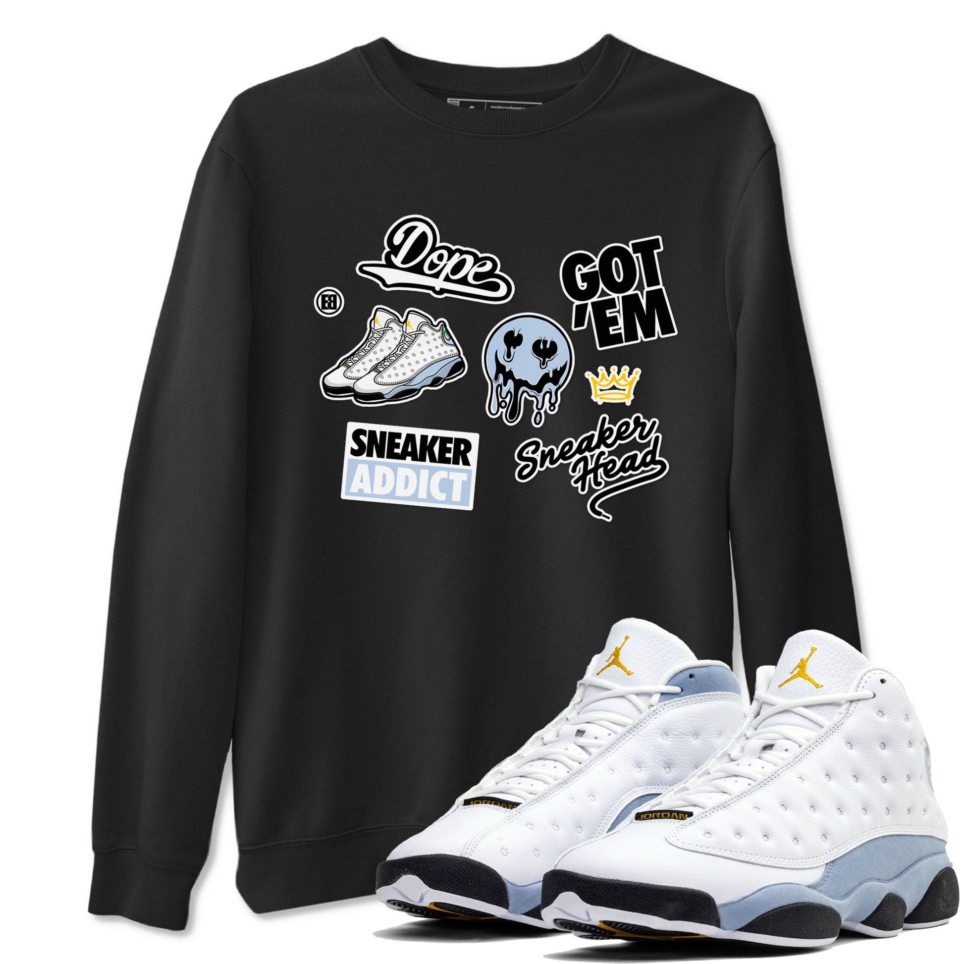 13s Blue Grey shirt to match jordans Sneakerhead Sticker sneaker tees Air Jordan 13 Retro Blue Grey SNRT Sneaker Release Tees unisex cotton Black 1 crew neck shirt