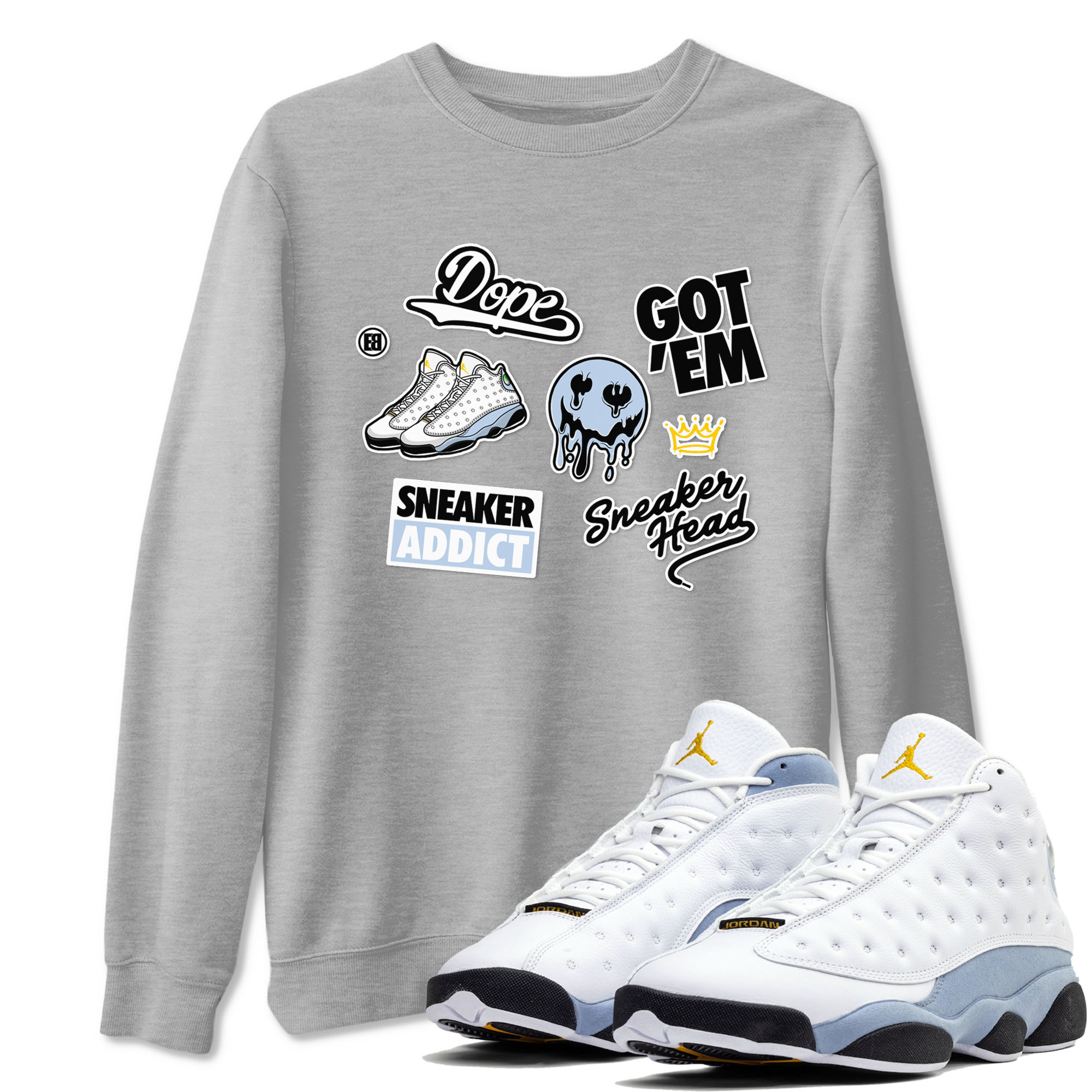 13s Blue Grey shirt to match jordans Sneakerhead Sticker sneaker tees Air Jordan 13 Retro Blue Grey SNRT Sneaker Release Tees unisex cotton Heather Grey 1 crew neck shirt