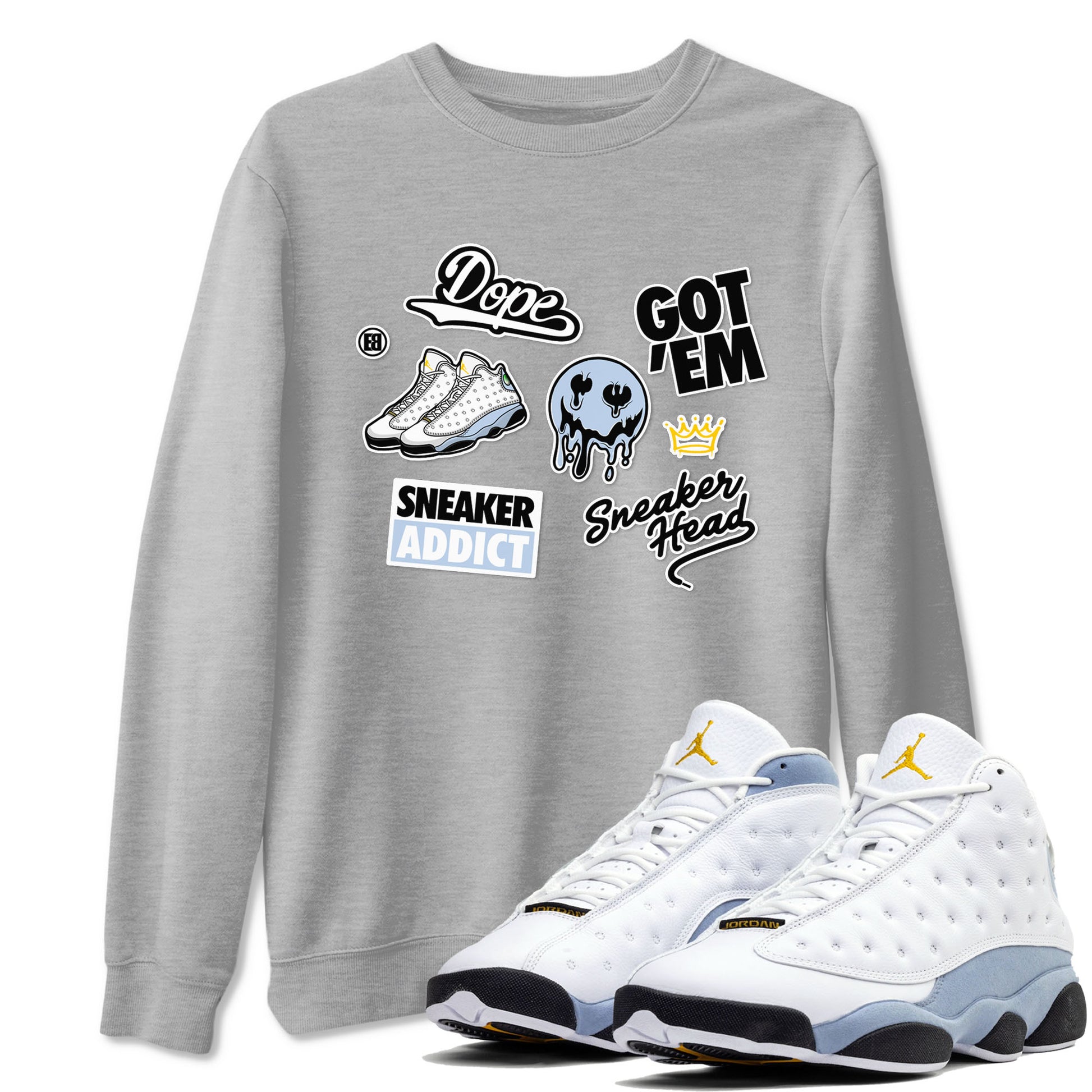 13s Blue Grey shirt to match jordans Sneakerhead Sticker sneaker tees Air Jordan 13 Retro Blue Grey SNRT Sneaker Release Tees unisex cotton Heather Grey 1 crew neck shirt
