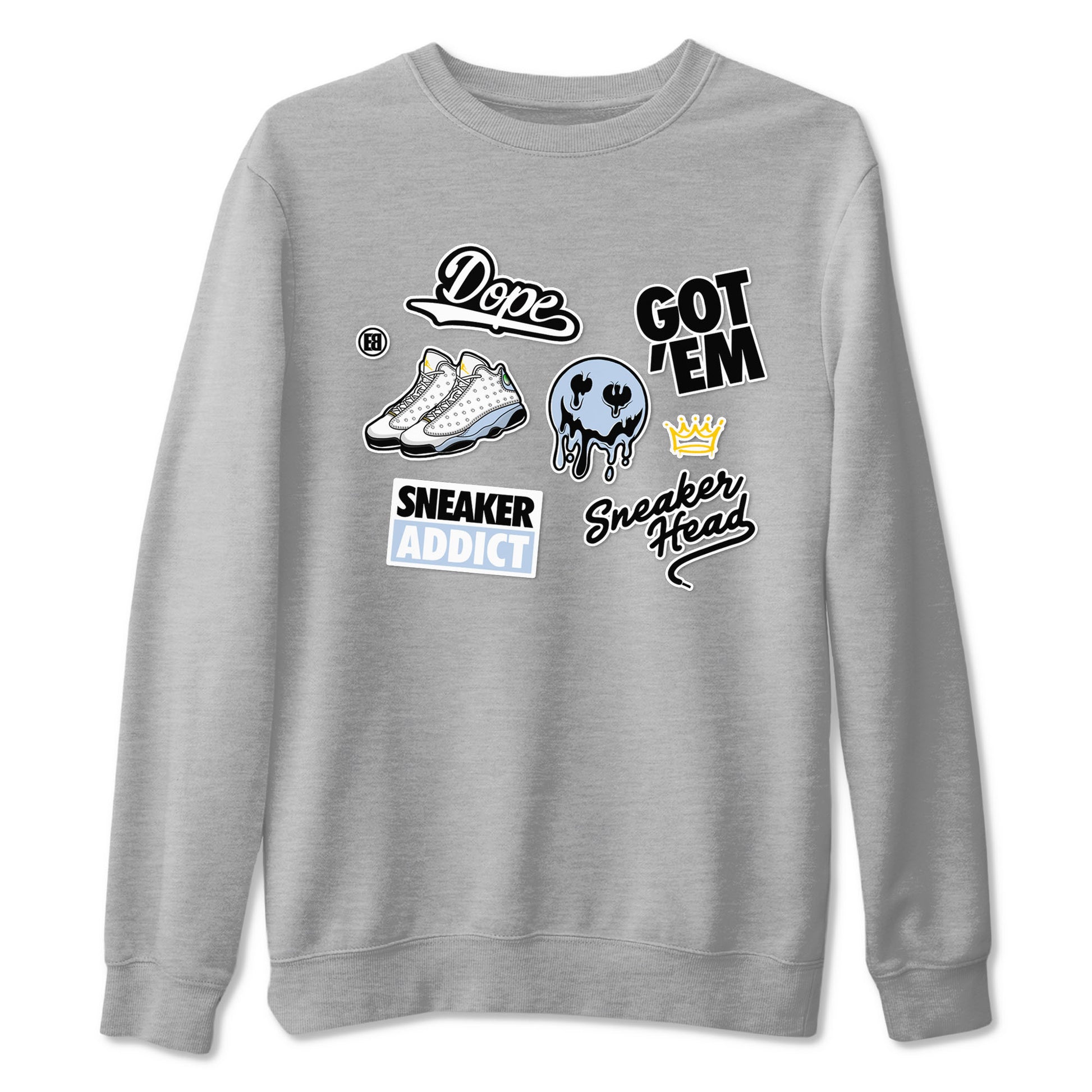 13s Blue Grey shirt to match jordans Sneakerhead Sticker sneaker tees Air Jordan 13 Retro Blue Grey SNRT Sneaker Release Tees unisex cotton Heather Grey 2 crew neck shirt