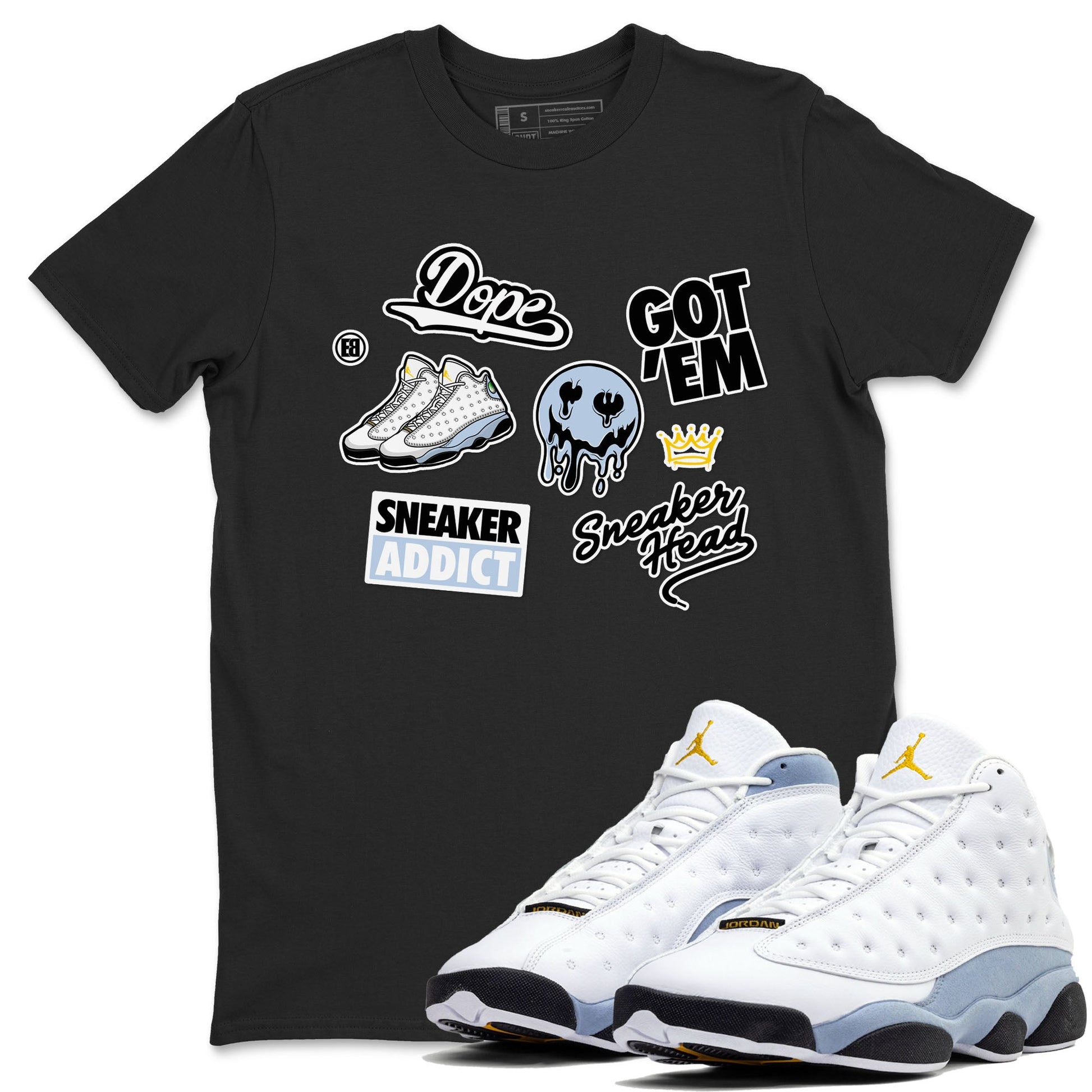 13s Blue Grey shirt to match jordans Sneakerhead Sticker sneaker tees Air Jordan 13 Retro Blue Grey SNRT Sneaker Release Tees unisex cotton Black 1 crew neck shirt