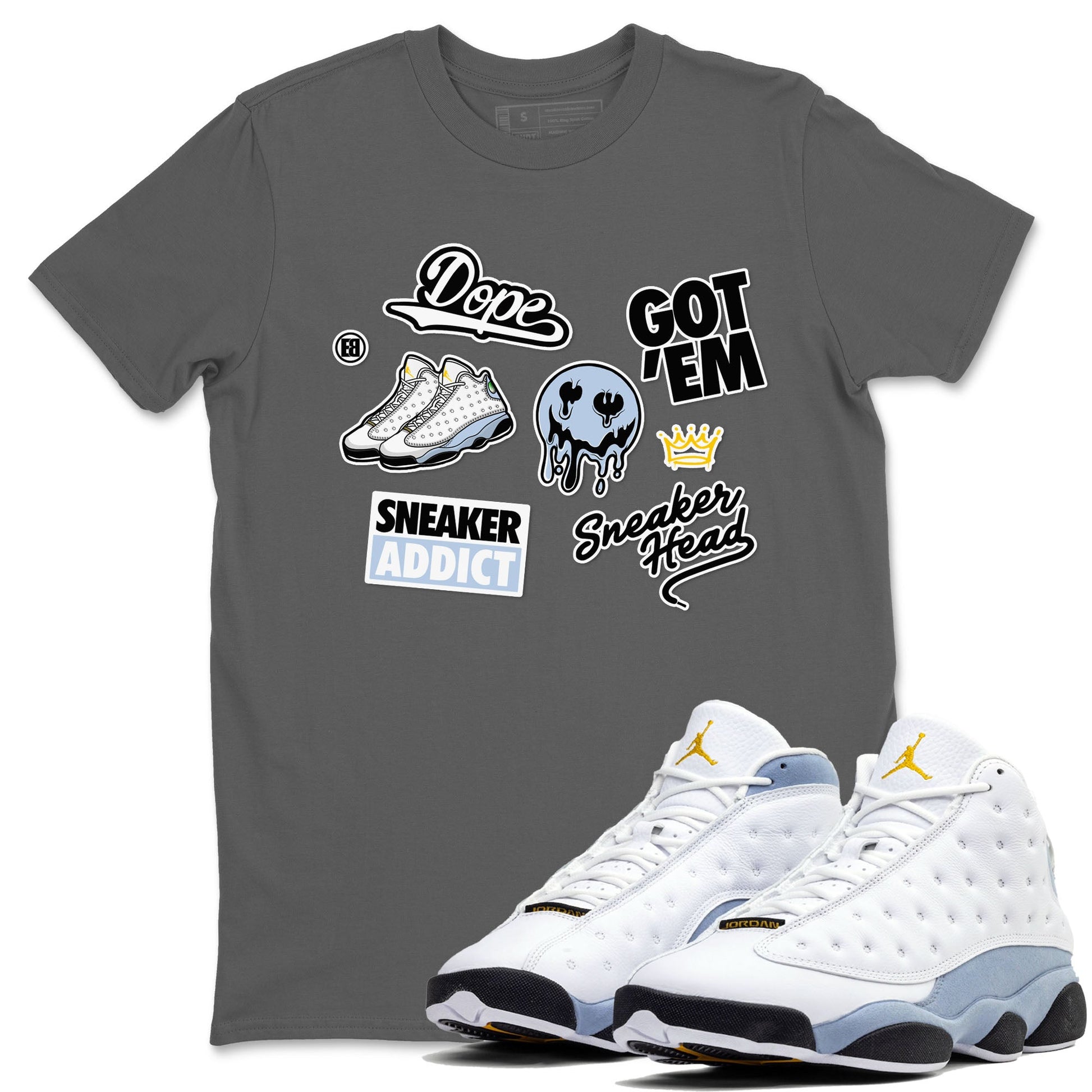 13s Blue Grey shirt to match jordans Sneakerhead Sticker sneaker tees Air Jordan 13 Retro Blue Grey SNRT Sneaker Release Tees unisex cotton Cool Grey 1 crew neck shirt
