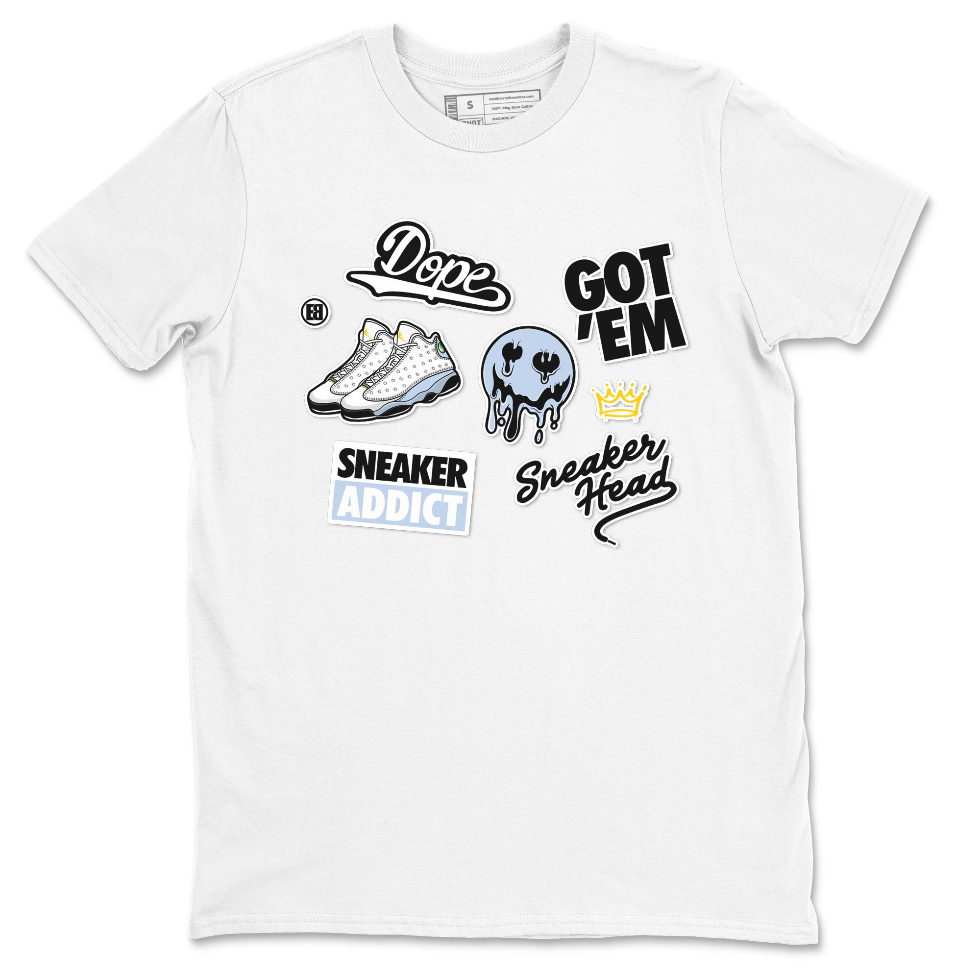13s Blue Grey shirt to match jordans Sneakerhead Sticker sneaker tees Air Jordan 13 Retro Blue Grey SNRT Sneaker Release Tees unisex cotton White 2 crew neck shirt