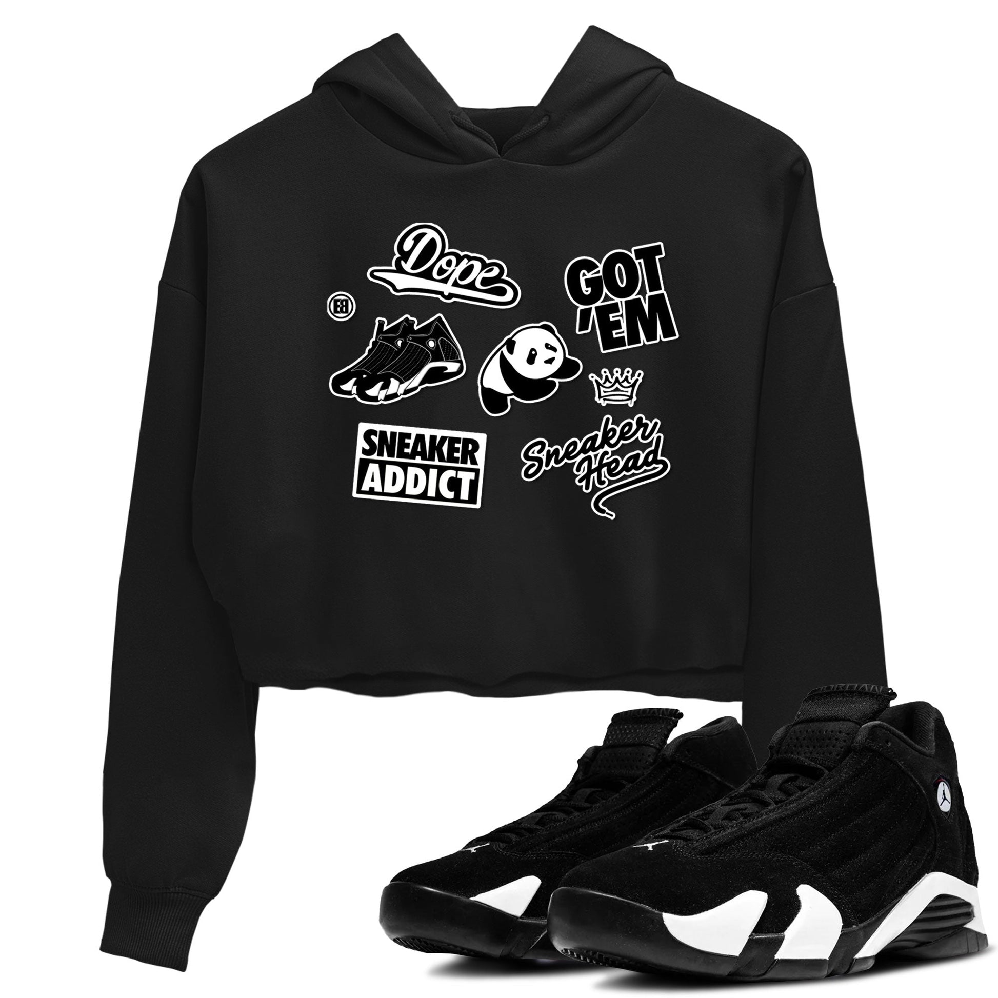 14s Panda shirt to match jordans Sneakerhead Sticker sneaker tees Air Jordan 14 Panda SNRT Sneaker Release Tees Black 1 crop length shirt