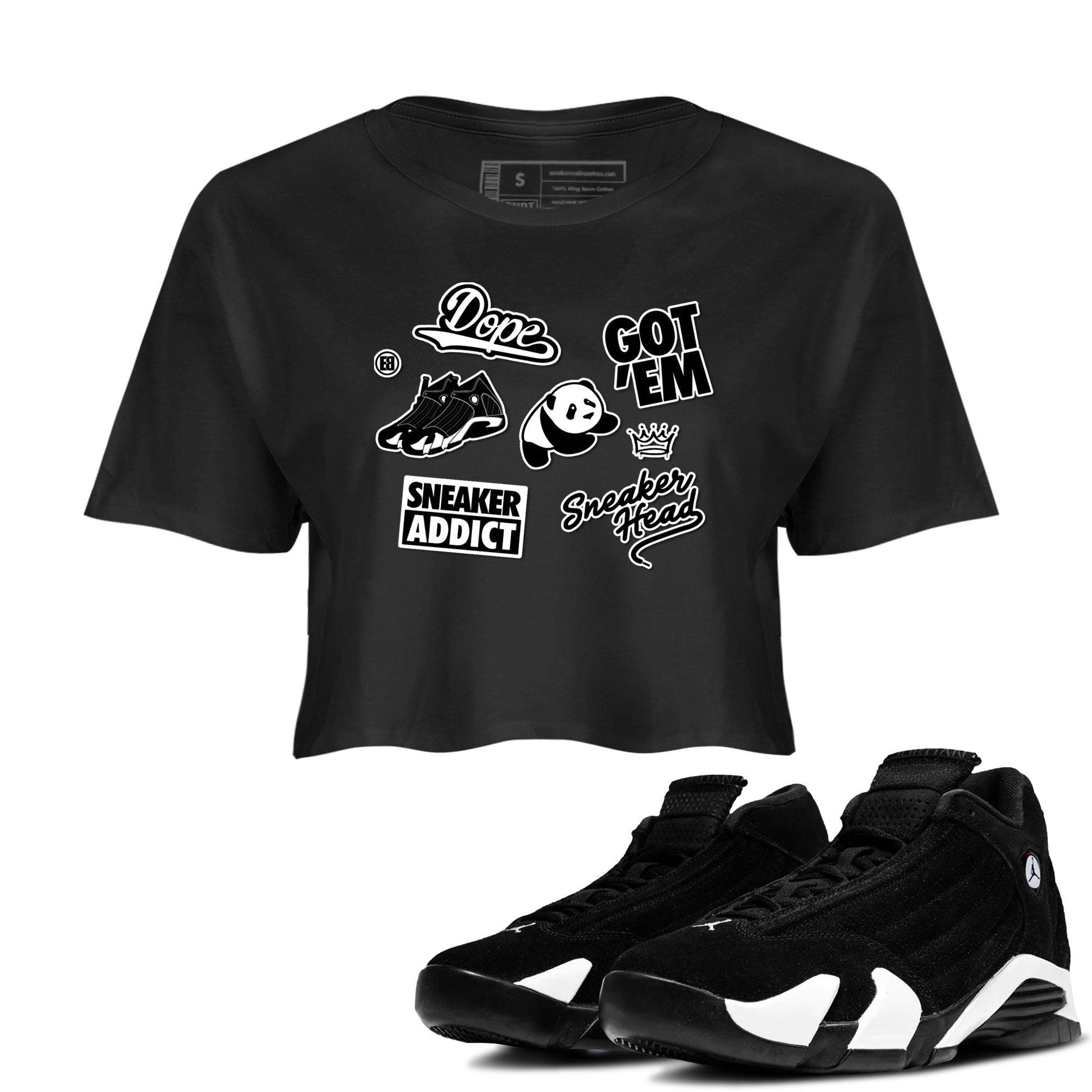14s Panda shirt to match jordans Sneakerhead Sticker sneaker tees Air Jordan 14 Panda SNRT Sneaker Release Tees Black 1 crop length shirt