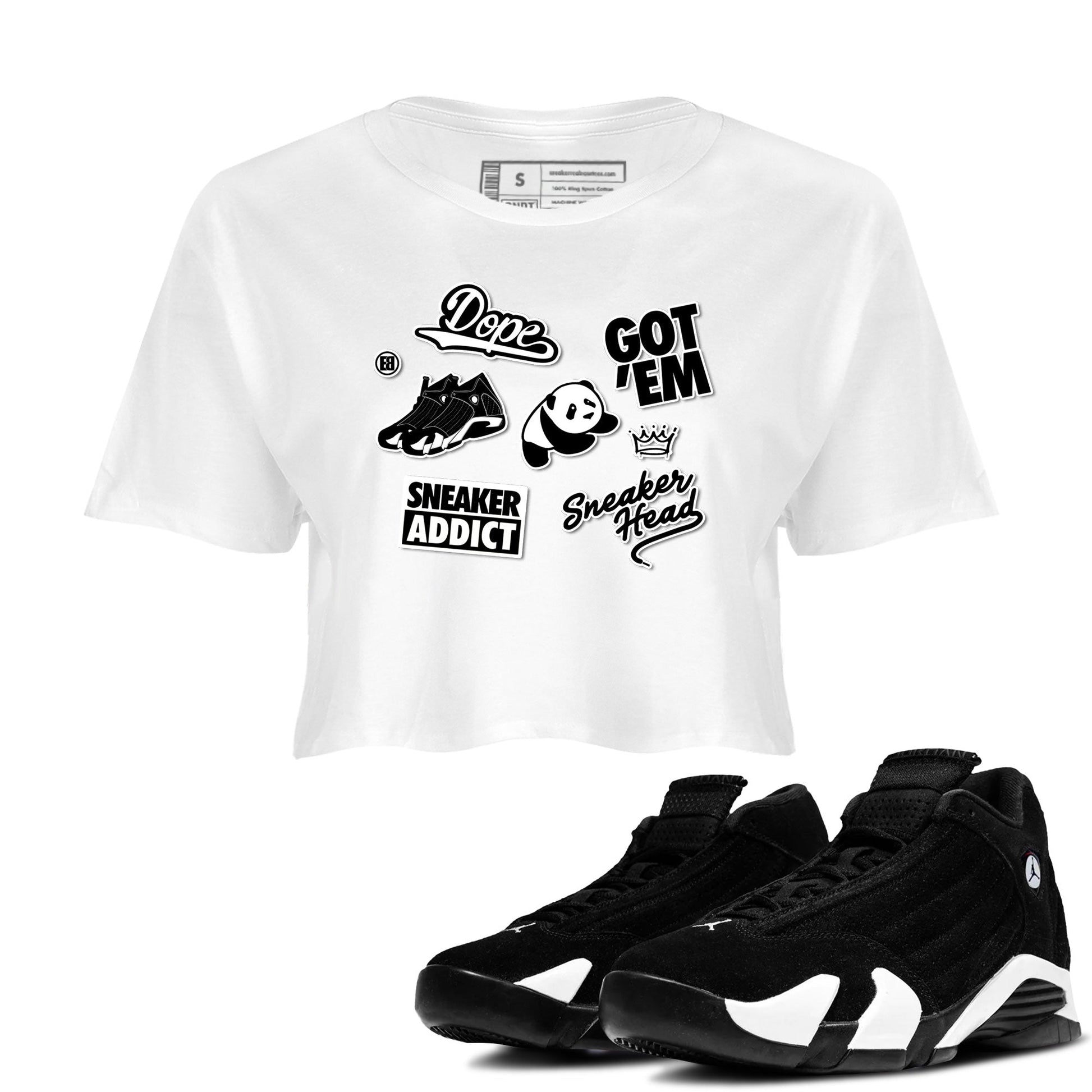 14s Panda shirt to match jordans Sneakerhead Sticker sneaker tees Air Jordan 14 Panda SNRT Sneaker Release Tees White 1 crop length shirt