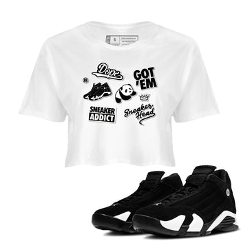 14s Panda shirt to match jordans Sneakerhead Sticker sneaker tees Air Jordan 14 Panda SNRT Sneaker Release Tees White 1 crop length shirt