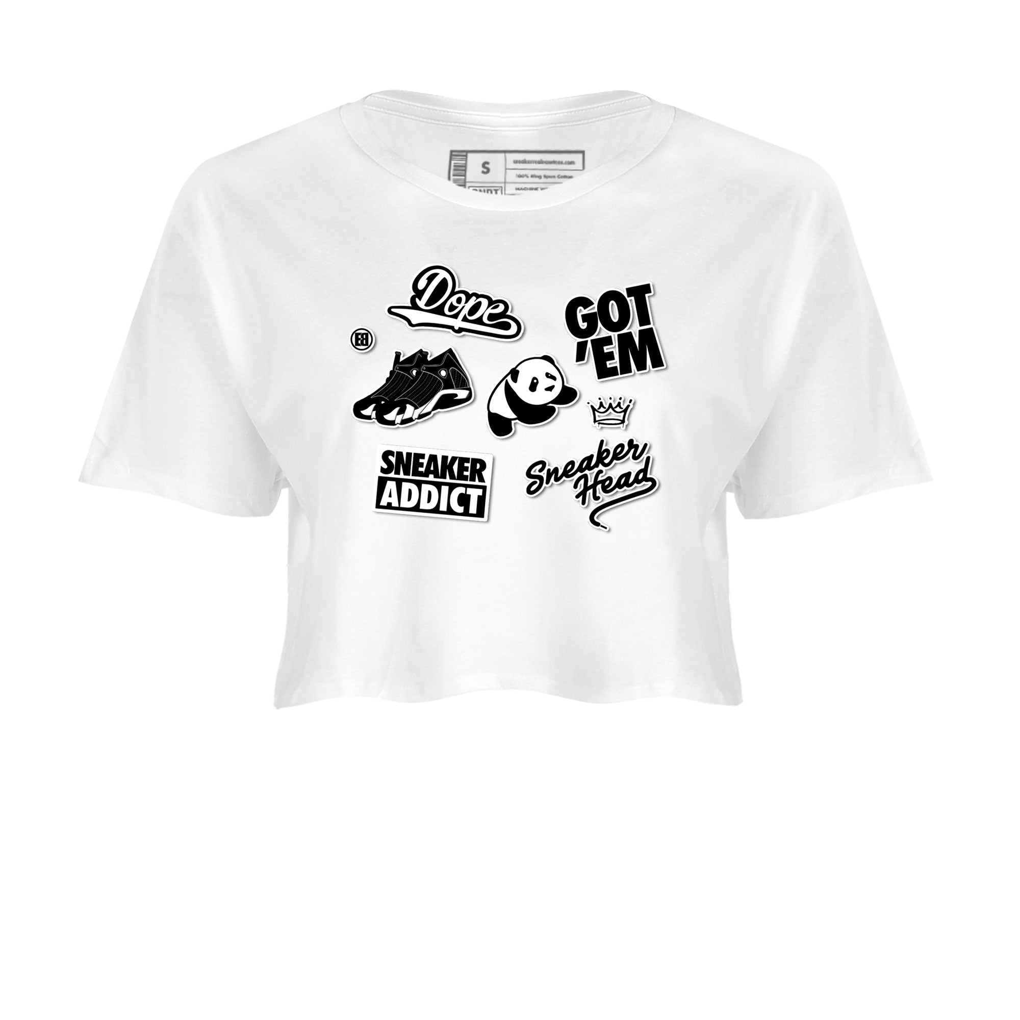 14s Panda shirt to match jordans Sneakerhead Sticker sneaker tees Air Jordan 14 Panda SNRT Sneaker Release Tees White 2 crop length shirt