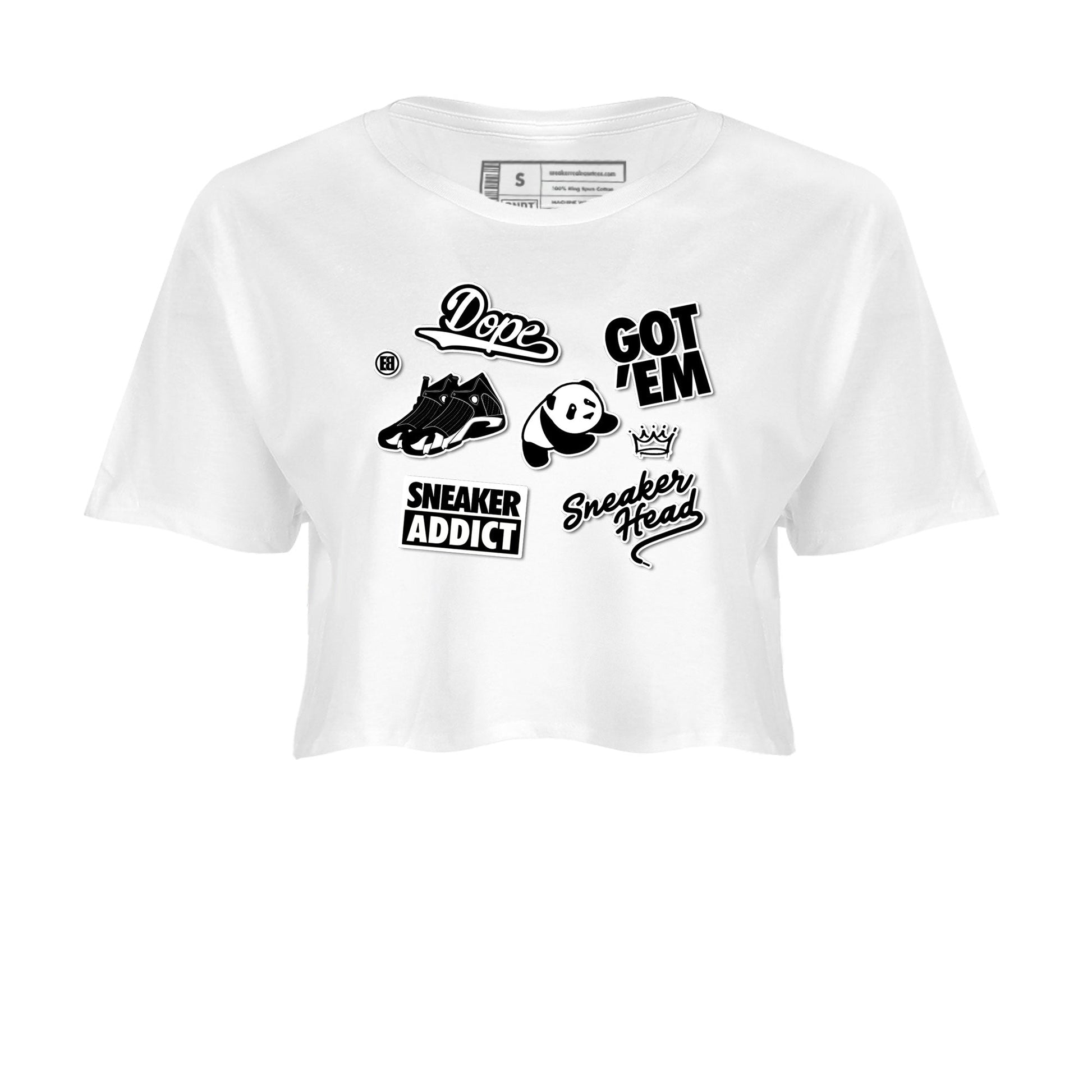 14s Panda shirt to match jordans Sneakerhead Sticker sneaker tees Air Jordan 14 Panda SNRT Sneaker Release Tees White 2 crop length shirt