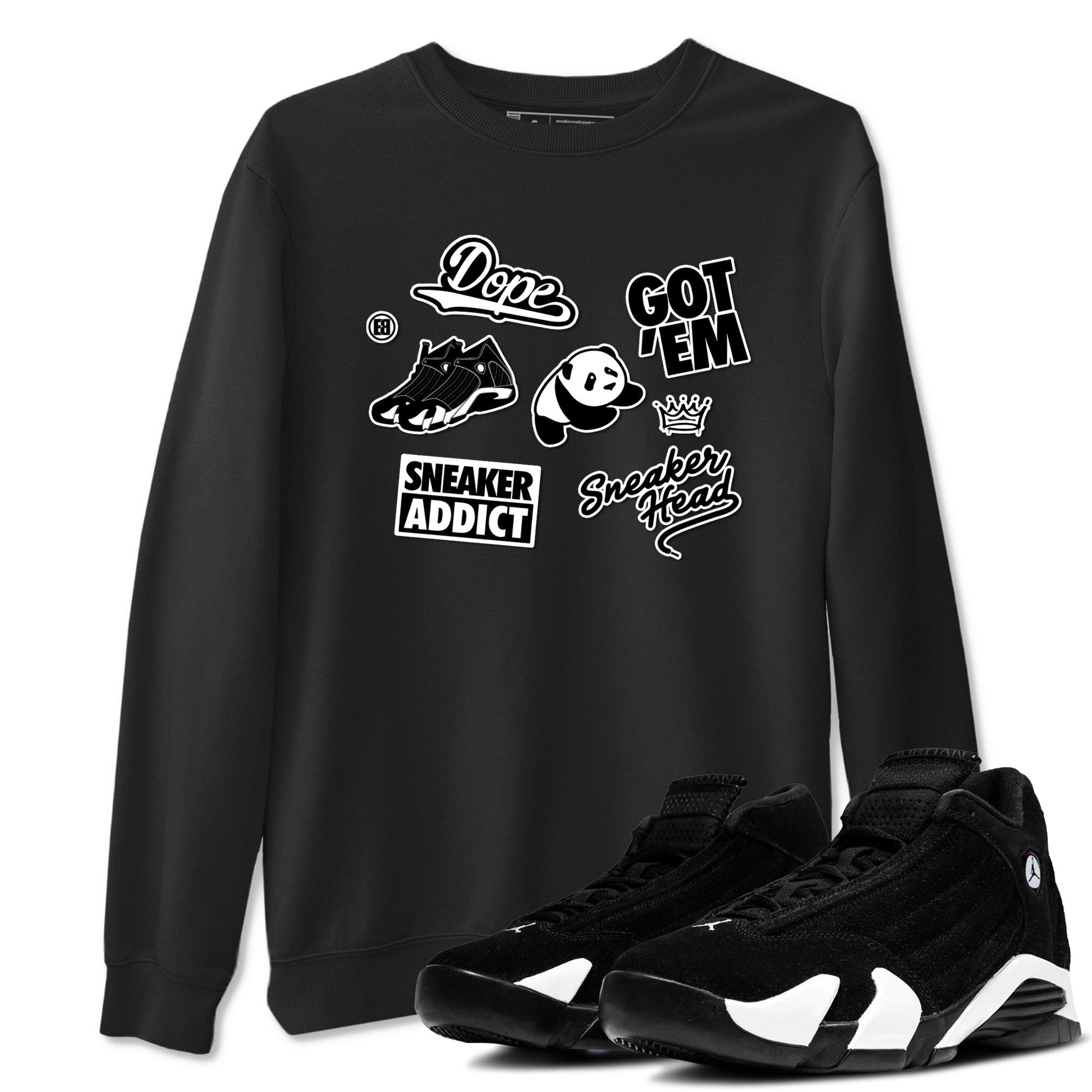 14s Panda shirt to match jordans Sneakerhead Sticker sneaker tees Air Jordan 14 Panda SNRT Sneaker Release Tees unisex cotton Black 1 crew neck shirt
