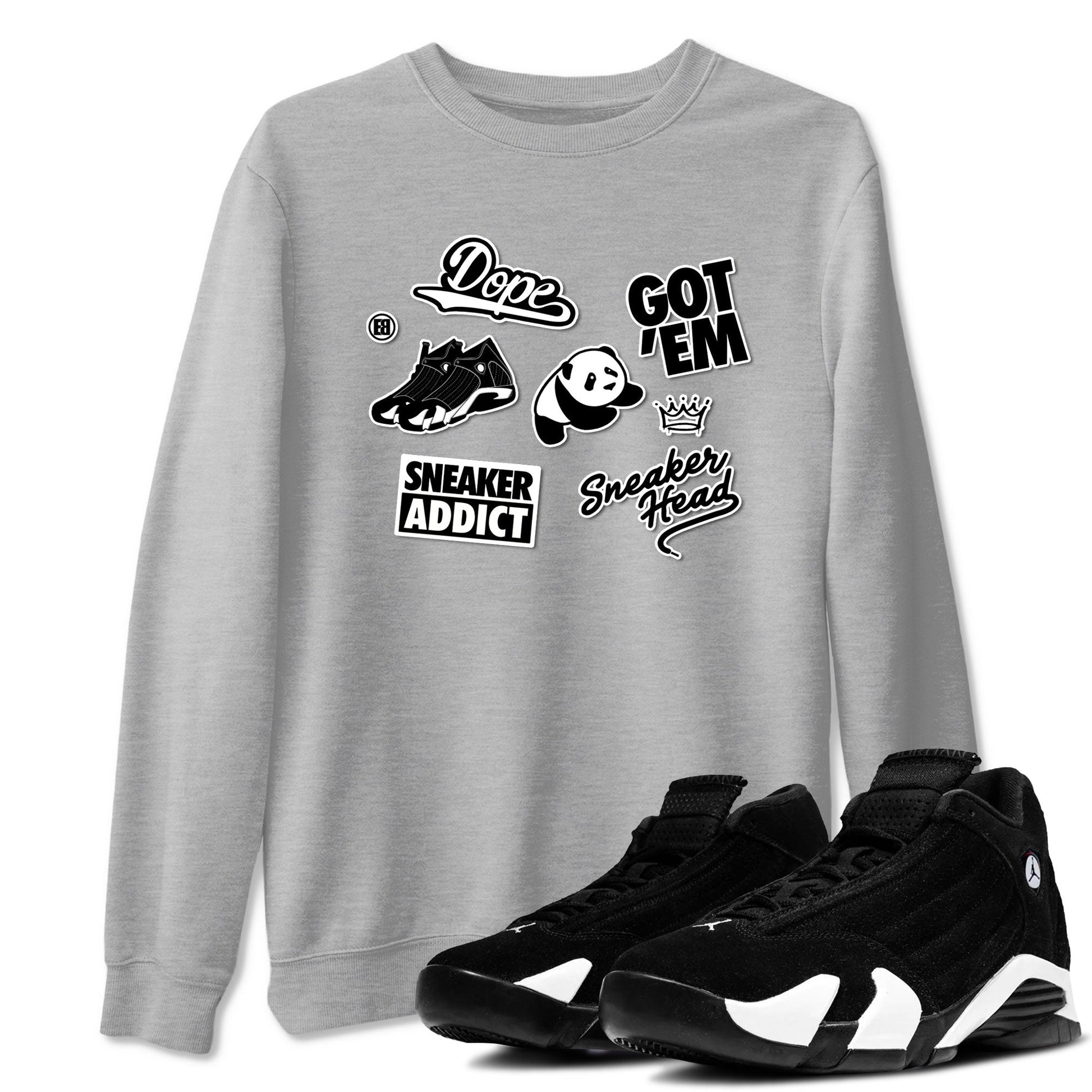 14s Panda shirt to match jordans Sneakerhead Sticker sneaker tees Air Jordan 14 Panda SNRT Sneaker Release Tees unisex cotton Heather Grey 1 crew neck shirt
