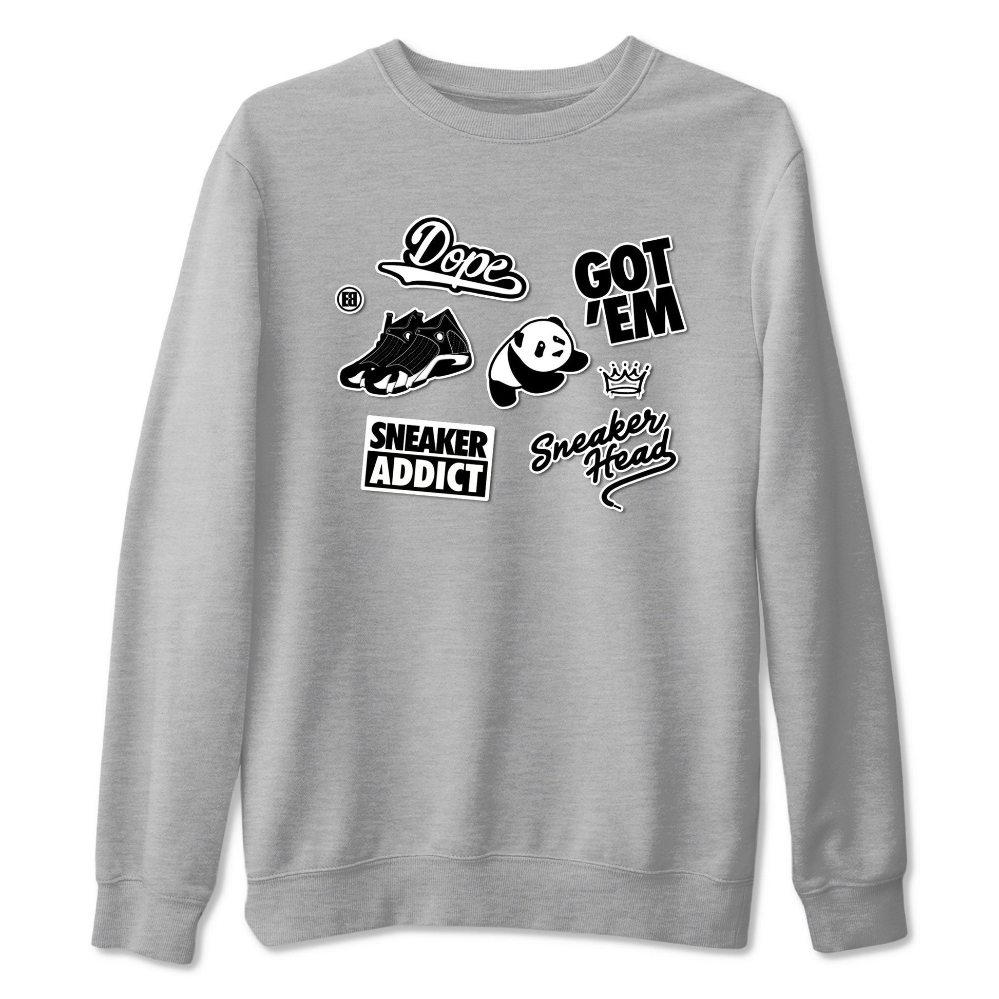 14s Panda shirt to match jordans Sneakerhead Sticker sneaker tees Air Jordan 14 Panda SNRT Sneaker Release Tees unisex cotton Heather Grey 2 crew neck shirt