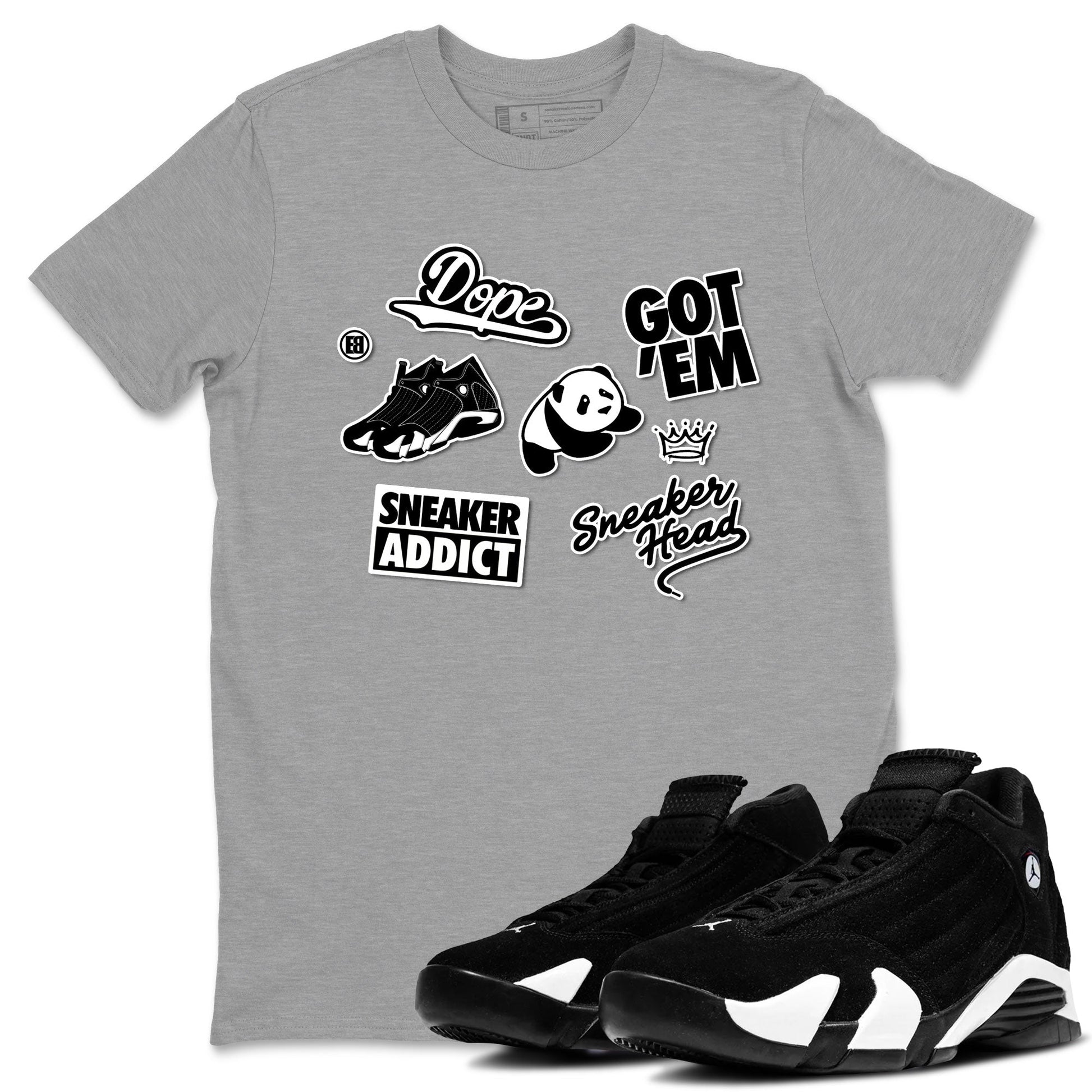 14s Panda shirt to match jordans Sneakerhead Sticker sneaker tees Air Jordan 14 Panda SNRT Sneaker Release Tees unisex cotton Heather Grey 1 crew neck shirt