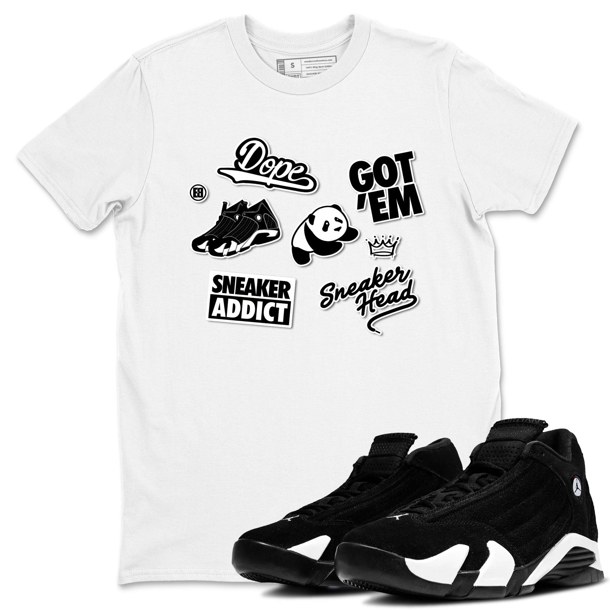 14s Panda shirt to match jordans Sneakerhead Sticker sneaker tees Air Jordan 14 Panda SNRT Sneaker Release Tees unisex cotton White 1 crew neck shirt