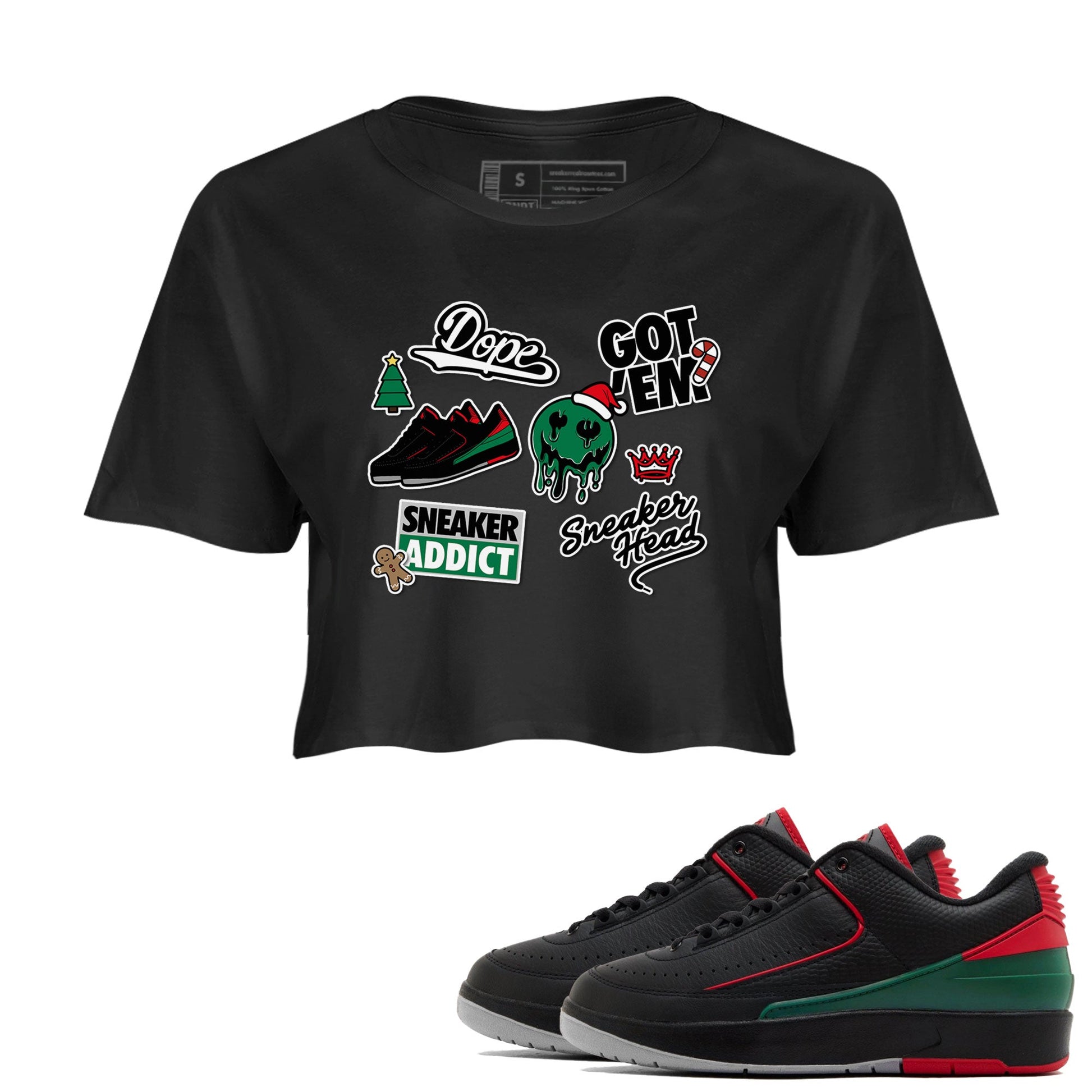 Air Jordan 2 Low Christmas shirt to match jordans Speicla Holiday Christmas Shirts Sneakerhead Sticker sneaker tees Air Jordan 2 Christmas SNRT Sneaker Tees Sneaker Matching Shirt Black 1 Crop T-Shirt