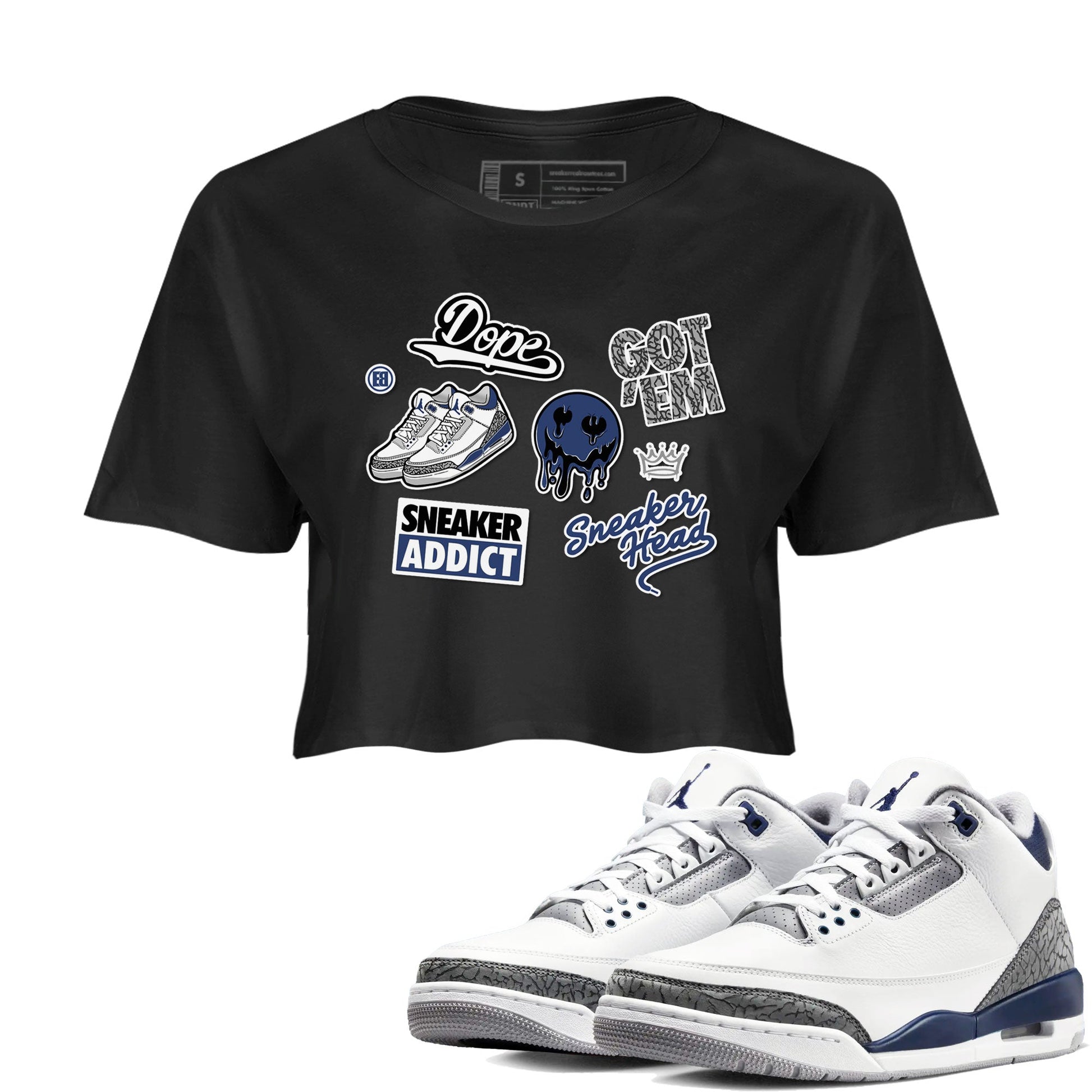 3s Midnight Navy shirt to match jordans Sneakerhead Sticker sneaker match tee Air Jordan 3 Midnight Navy SNRT Sneaker Tees Black 1 women's crop tee