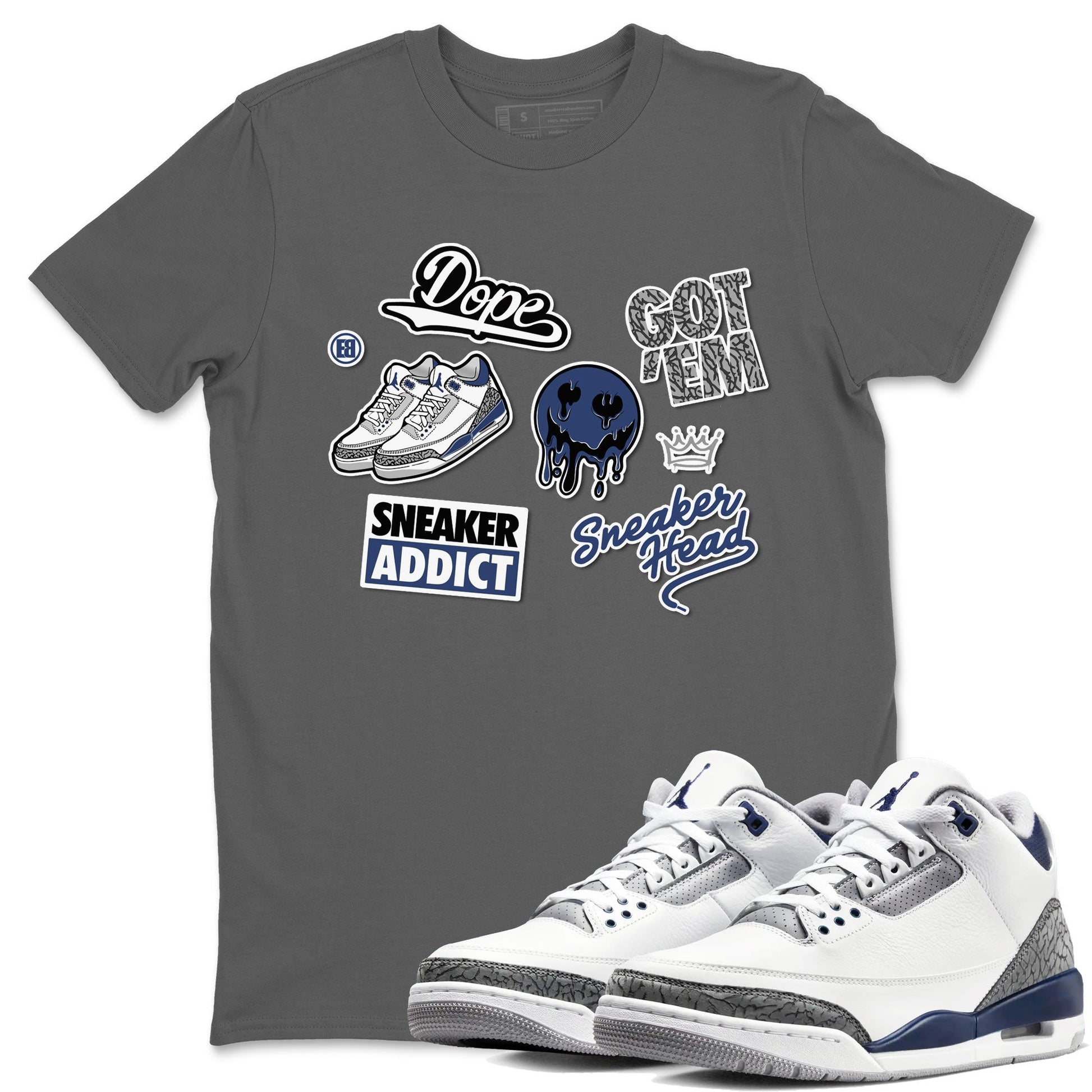 3s Midnight Navy shirt to match jordans Sneakerhead Sticker sneaker match tee Air Jordan 3 Midnight Navy SNRT Sneaker Tees unisex cotton Cool Grey 1 crew neck shirt