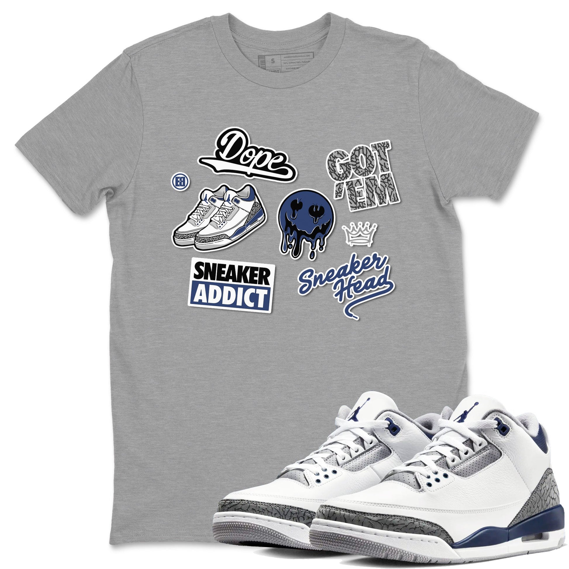 3s Midnight Navy shirt to match jordans Sneakerhead Sticker sneaker match tee Air Jordan 3 Midnight Navy SNRT Sneaker Tees unisex cotton Heather Grey 1 crew neck shirt