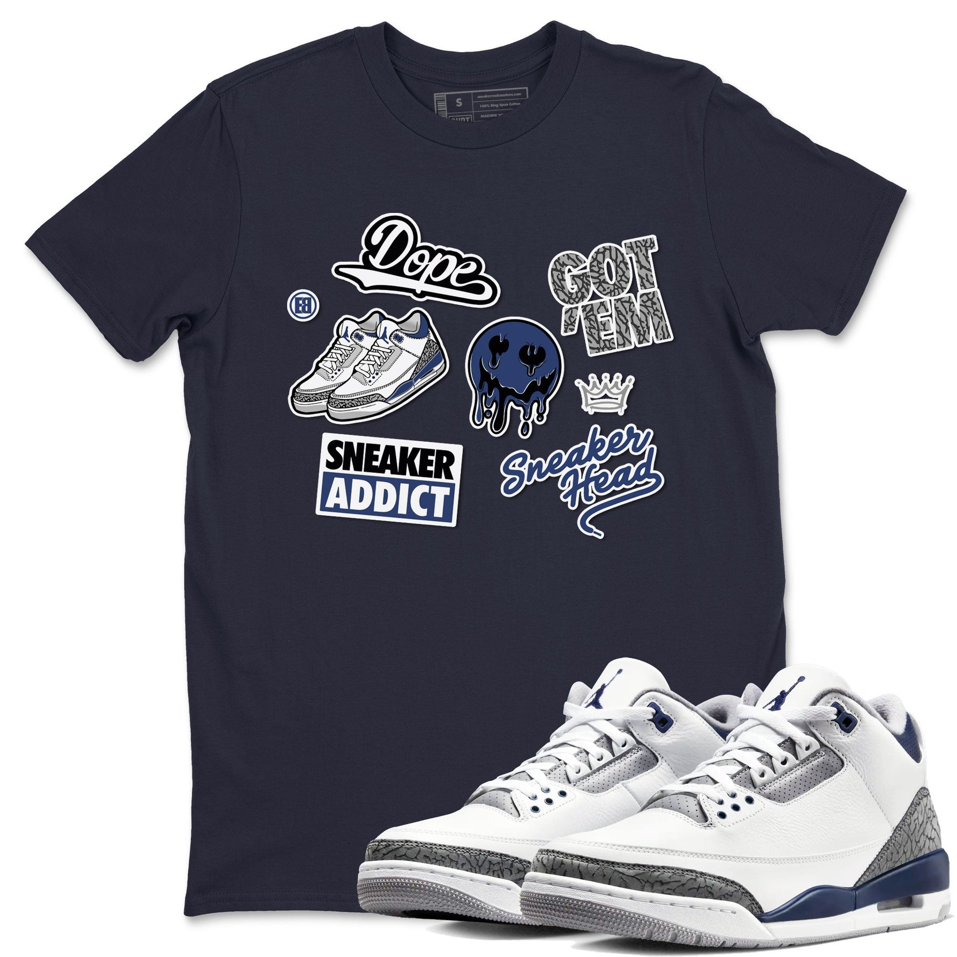 3s Midnight Navy shirt to match jordans Sneakerhead Sticker sneaker match tee Air Jordan 3 Midnight Navy SNRT Sneaker Tees unisex cotton Navy 1 crew neck shirt
