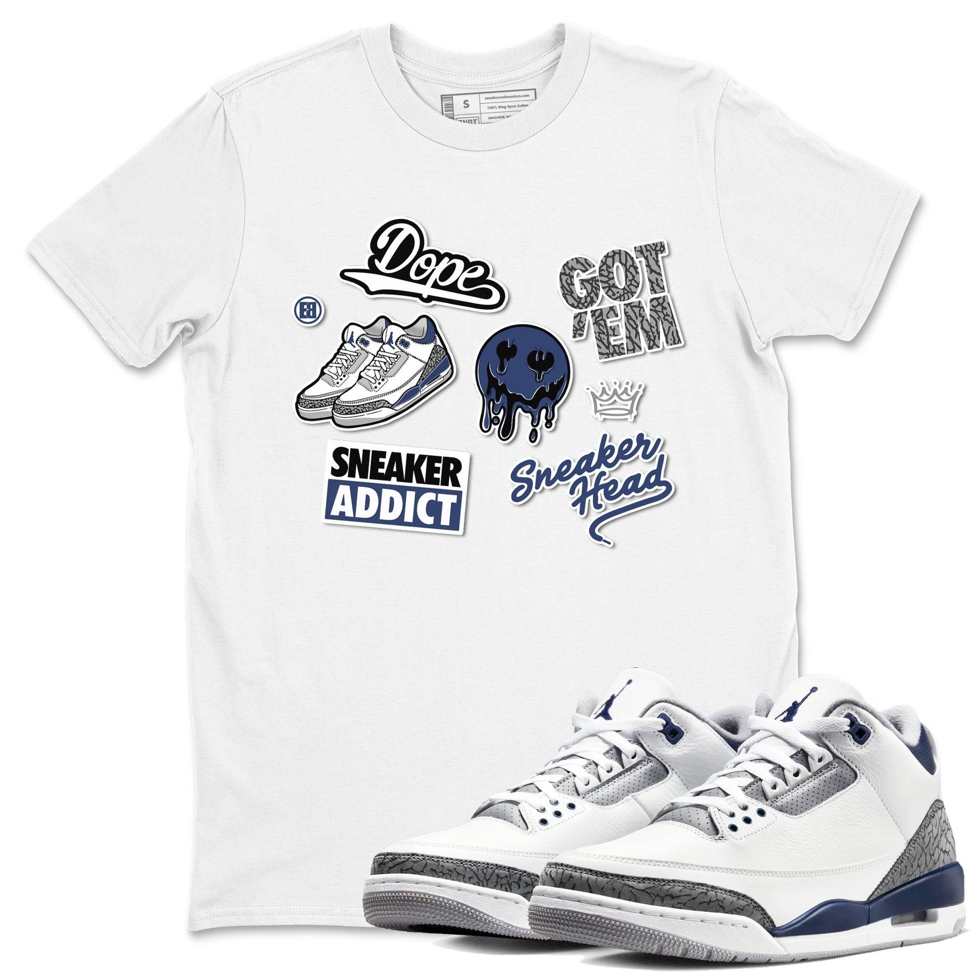 3s Midnight Navy shirt to match jordans Sneakerhead Sticker sneaker match tee Air Jordan 3 Midnight Navy SNRT Sneaker Tees unisex cotton White 1 crew neck shirt