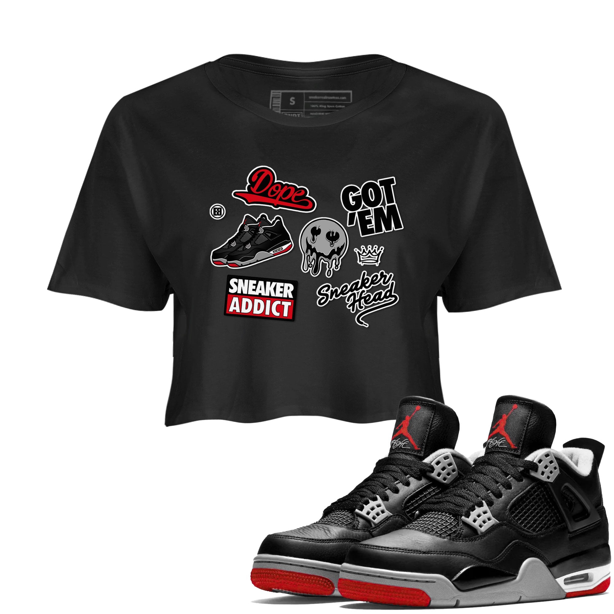 AJ4 Retro Bred Reimagined shirt to match jordans Sneakerhead Sticker sneaker tees Air Jordan 4 Retro Bred Reimagined SNRT sneaker release Tees Black 1 crop length shirt