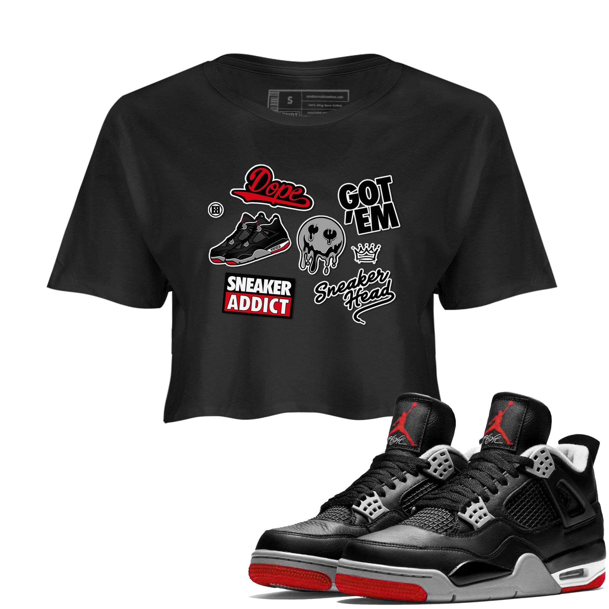 AJ4 Retro Bred Reimagined shirt to match jordans Sneakerhead Sticker sneaker tees Air Jordan 4 Retro Bred Reimagined SNRT sneaker release Tees Black 1 crop length shirt