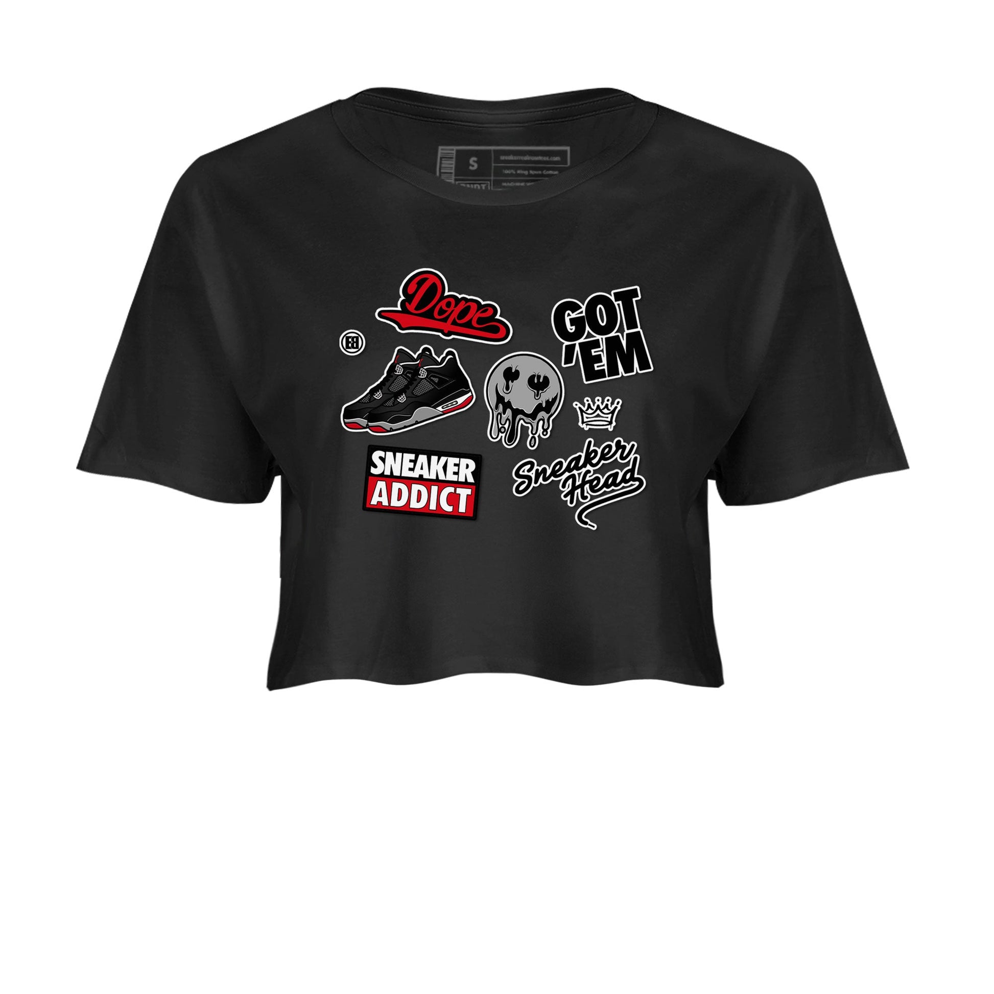 AJ4 Retro Bred Reimagined shirt to match jordans Sneakerhead Sticker sneaker tees Air Jordan 4 Retro Bred Reimagined SNRT sneaker release Tees Black 2 crop length shirt