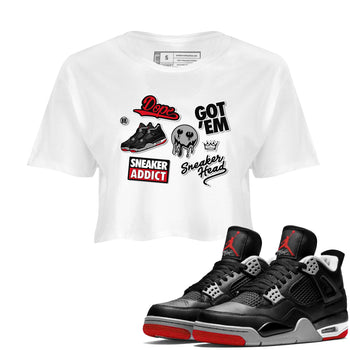 AJ4 Retro Bred Reimagined shirt to match jordans Sneakerhead Sticker sneaker tees Air Jordan 4 Retro Bred Reimagined SNRT sneaker release Tees White 1 crop length shirt
