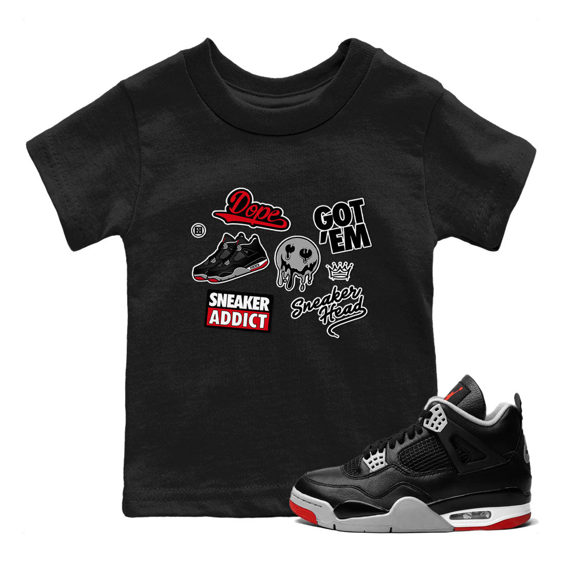 AJ4 Retro Bred Reimagined shirt to match jordans Sneakerhead Sticker sneaker tees Air Jordan 4 Retro Bred Reimagined SNRT sneaker release tees baby toddler Black 1 cotton Shirt